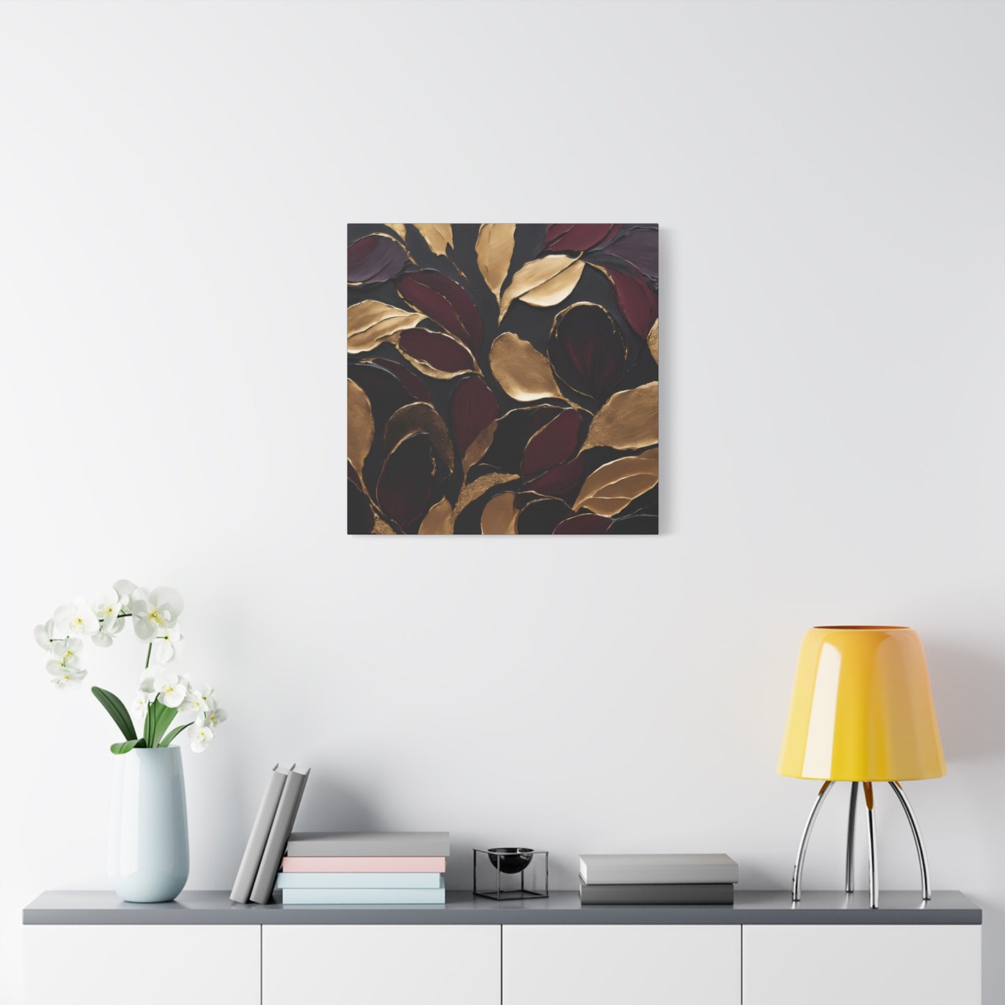 Elegant Abstract Floral Canvas Wall Art – Gold & Burgundy Home Décor