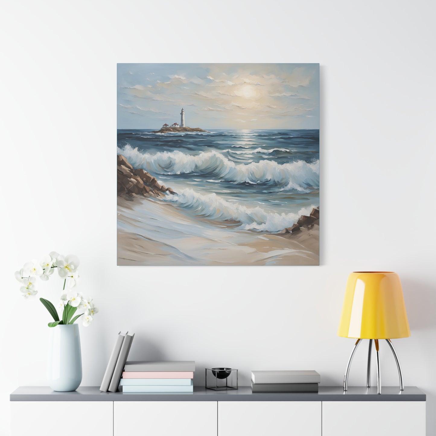 Ocean Waves Lighthouse Canvas Print – Coastal Home Decor for Serene Spaces