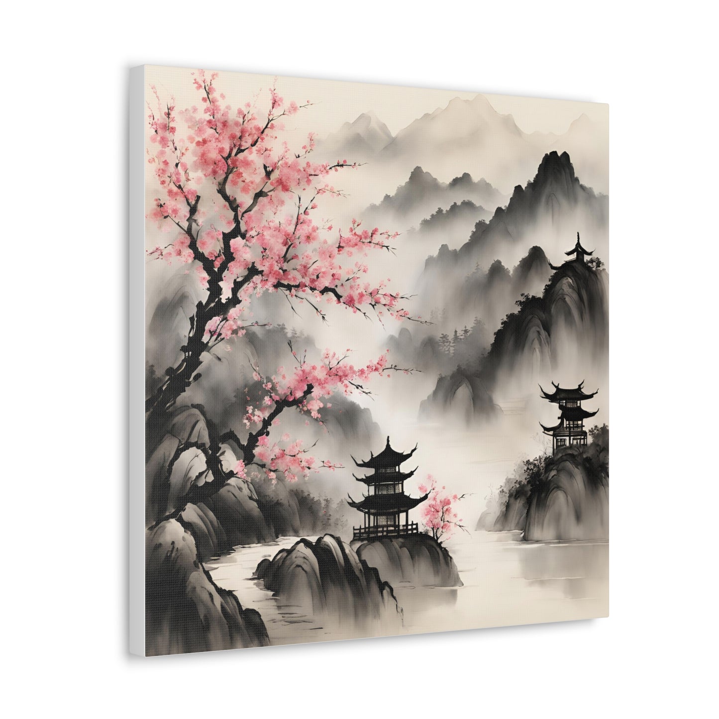 Serene Japanese Landscape Canvas Gallery Wraps - Elegant Home Decor Chinese Ink Wash Painting