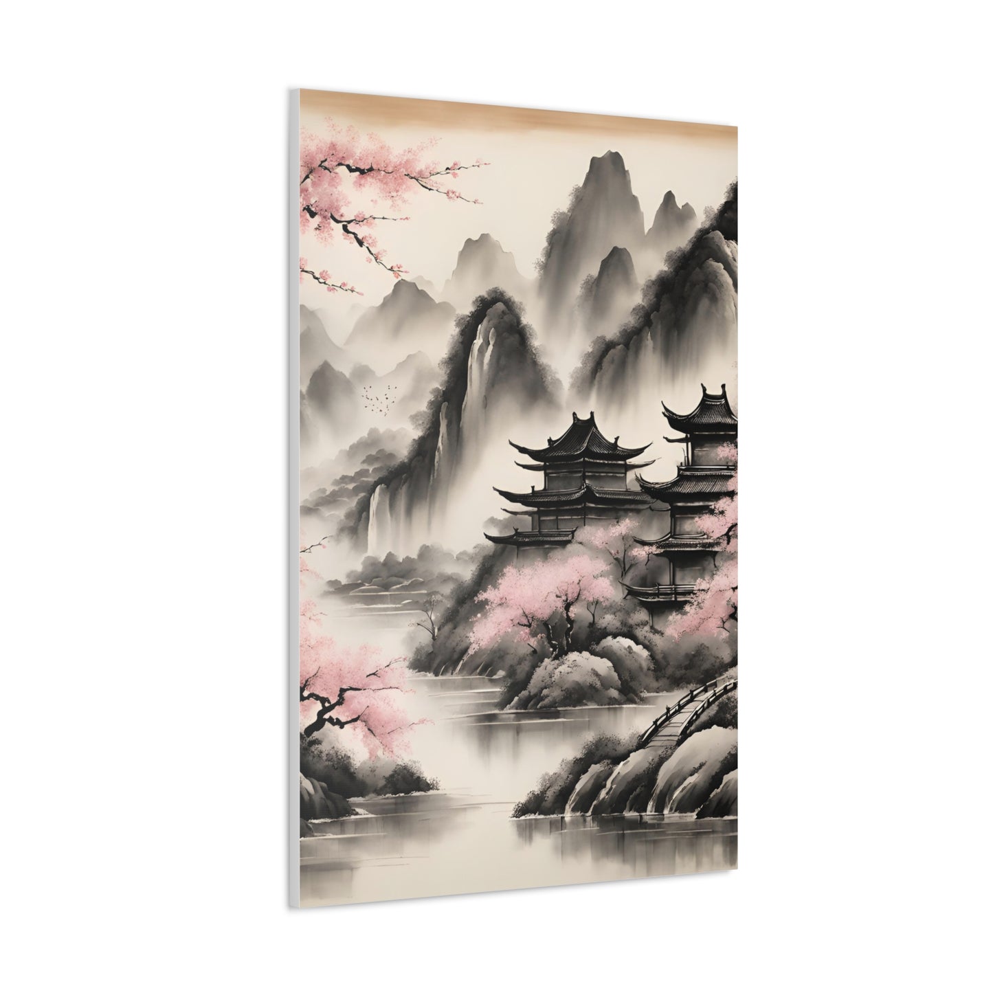 Tranquil Asian Landscape Canvas Gallery Wraps | Serene Wall Art for Peaceful Living Spaces | Chinese Ink Wash Painting