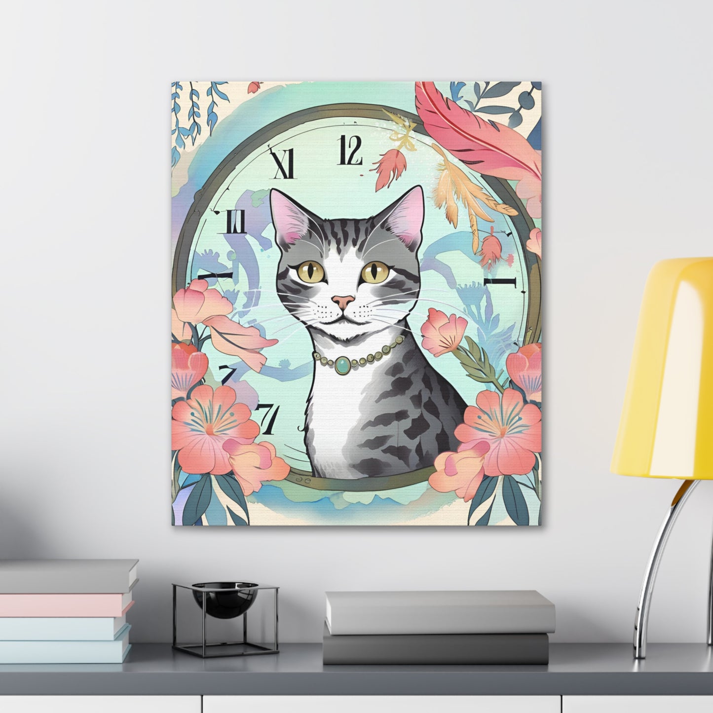 Cat-Themed Canvas Gallery Wraps - Floral Clock Art for Cat Lovers