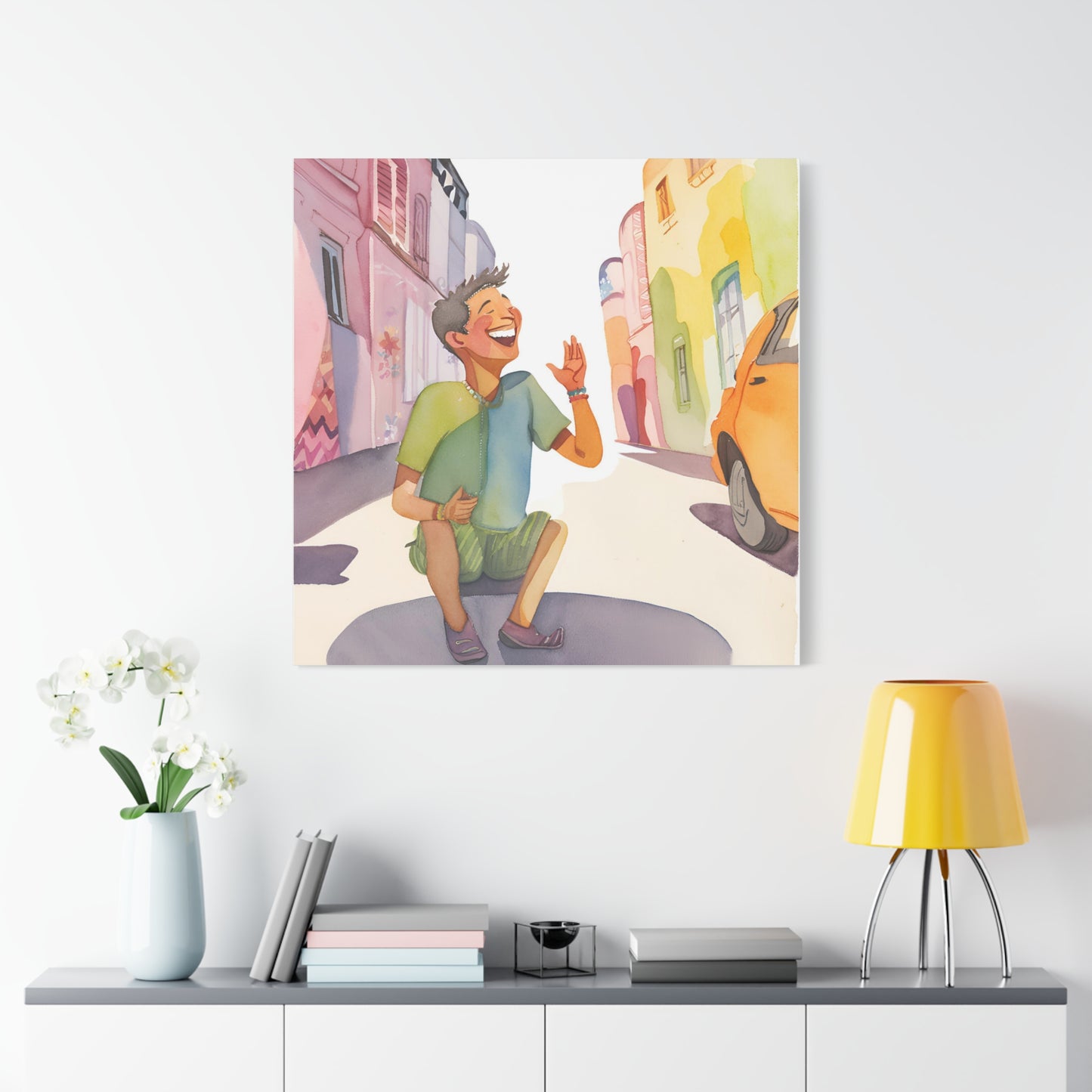 Cheerful Stretched Canvas Art - Vibrant Street Scene