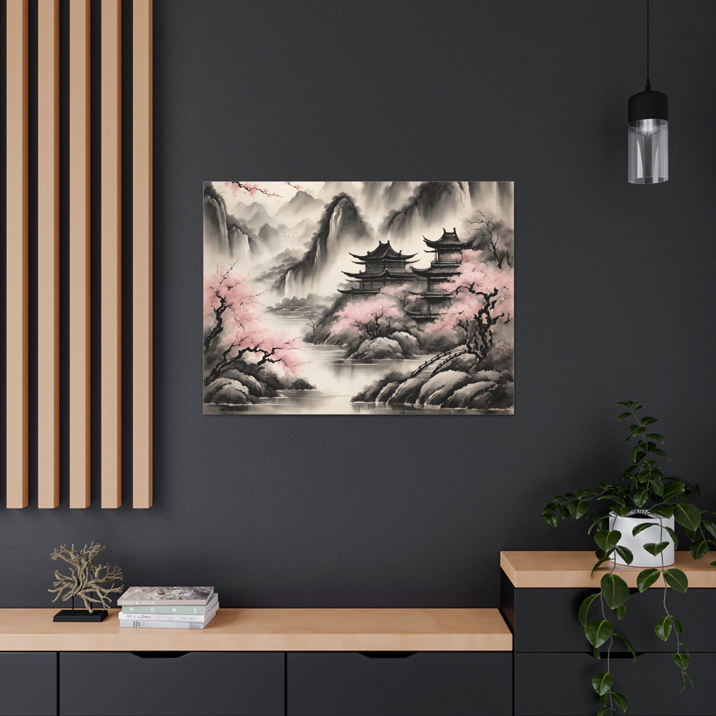 Tranquil Asian Landscape Canvas Gallery Wraps | Serene Wall Art for Peaceful Living Spaces | Chinese Ink Wash Painting