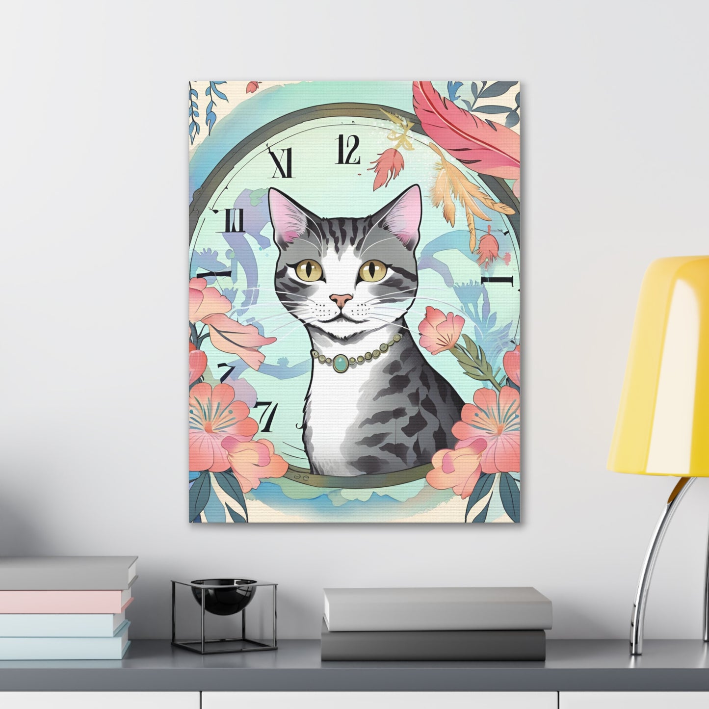 Cat-Themed Canvas Gallery Wraps - Floral Clock Art for Cat Lovers