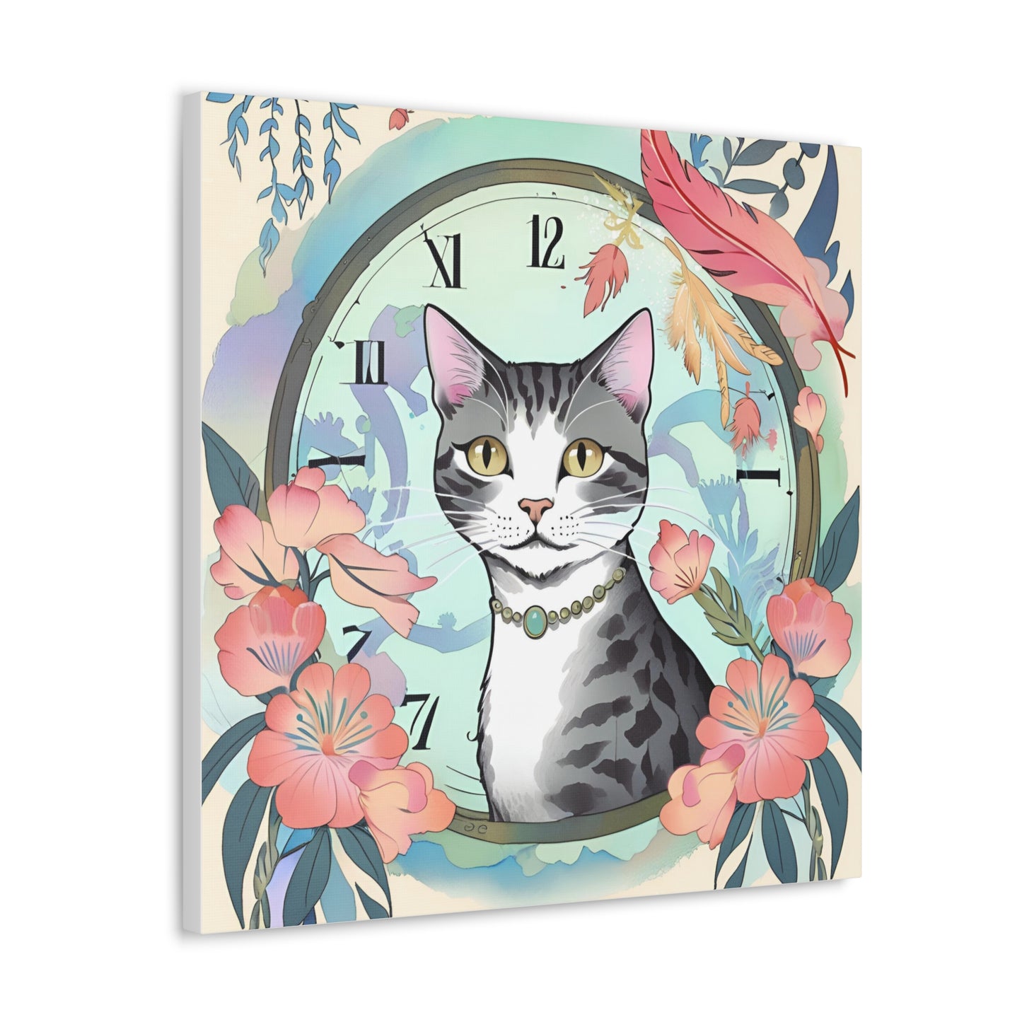 Cat-Themed Canvas Gallery Wraps - Floral Clock Art for Cat Lovers