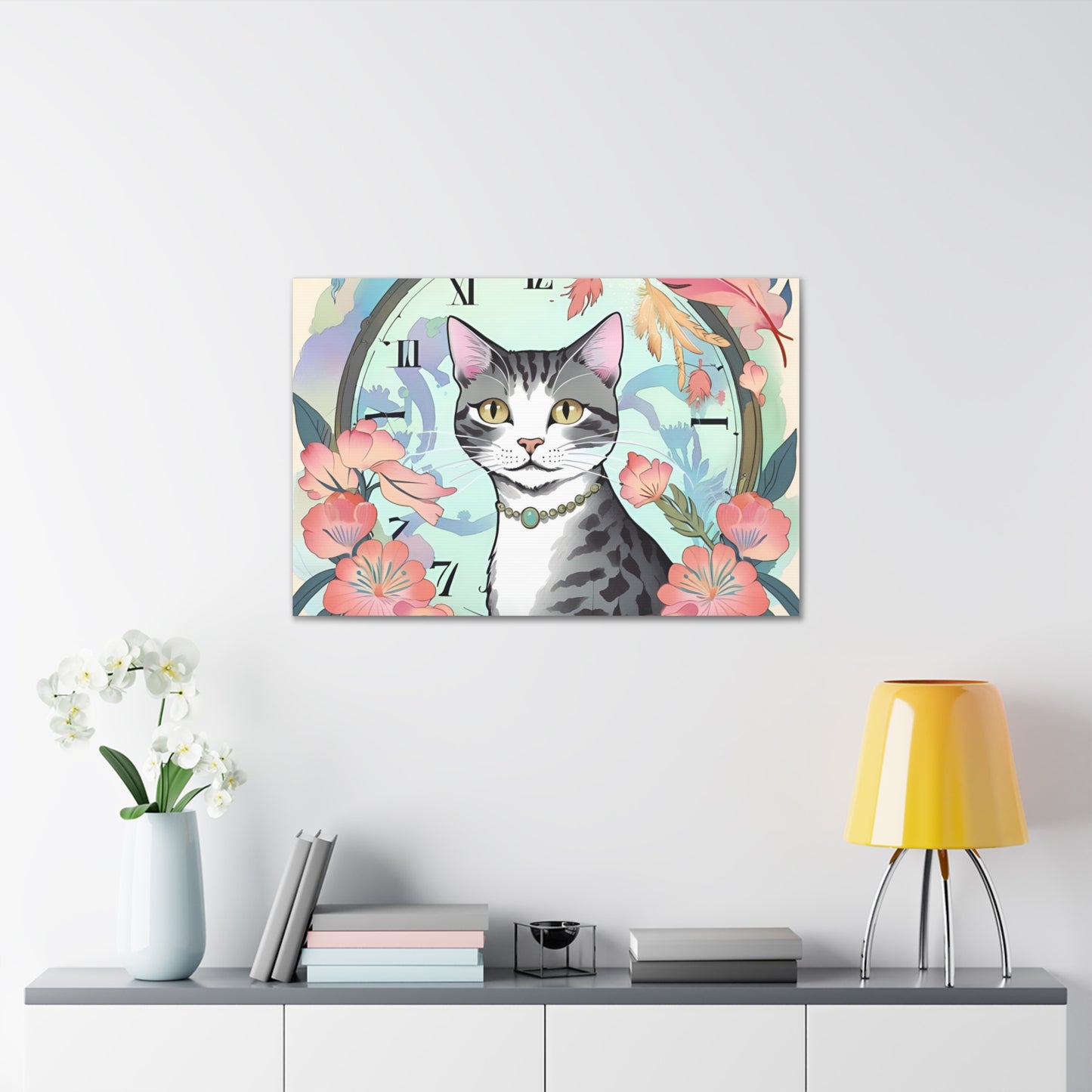 Cat-Themed Canvas Gallery Wraps - Floral Clock Art for Cat Lovers