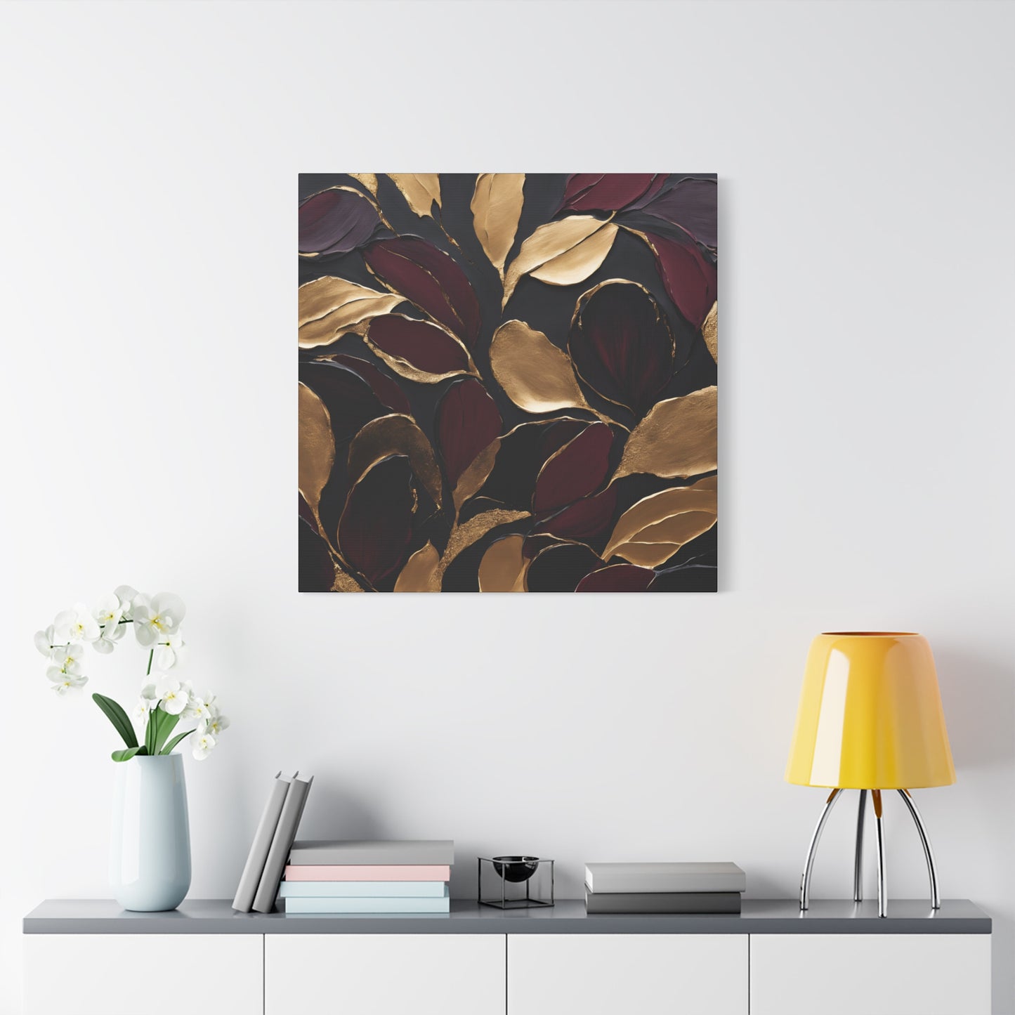 Elegant Abstract Floral Canvas Wall Art – Gold & Burgundy Home Décor