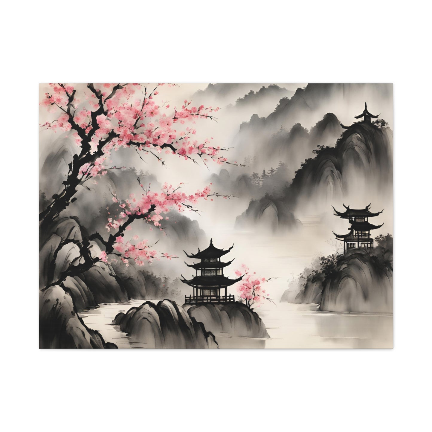 Serene Japanese Landscape Canvas Gallery Wraps - Elegant Home Decor Chinese Ink Wash Painting