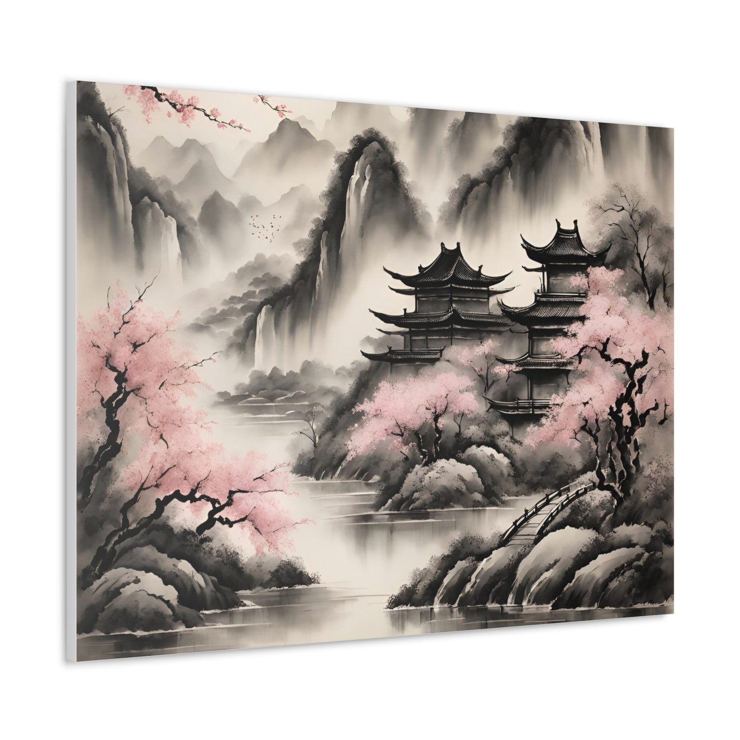 Tranquil Asian Landscape Canvas Gallery Wraps | Serene Wall Art for Peaceful Living Spaces | Chinese Ink Wash Painting