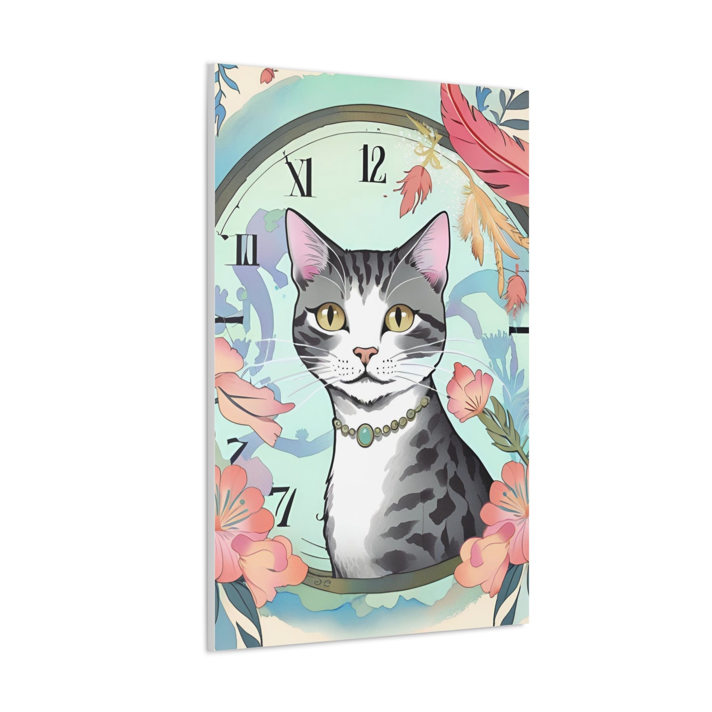 Cat-Themed Canvas Gallery Wraps - Floral Clock Art for Cat Lovers