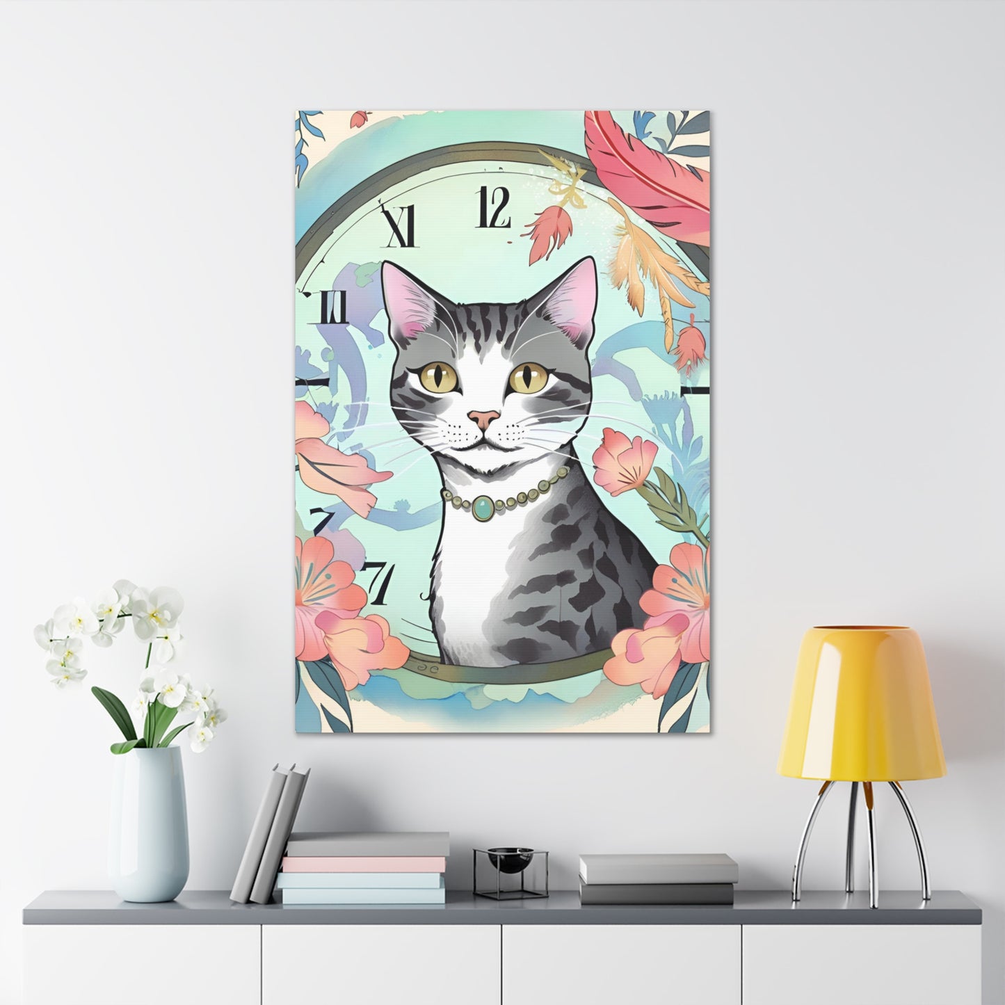 Cat-Themed Canvas Gallery Wraps - Floral Clock Art for Cat Lovers