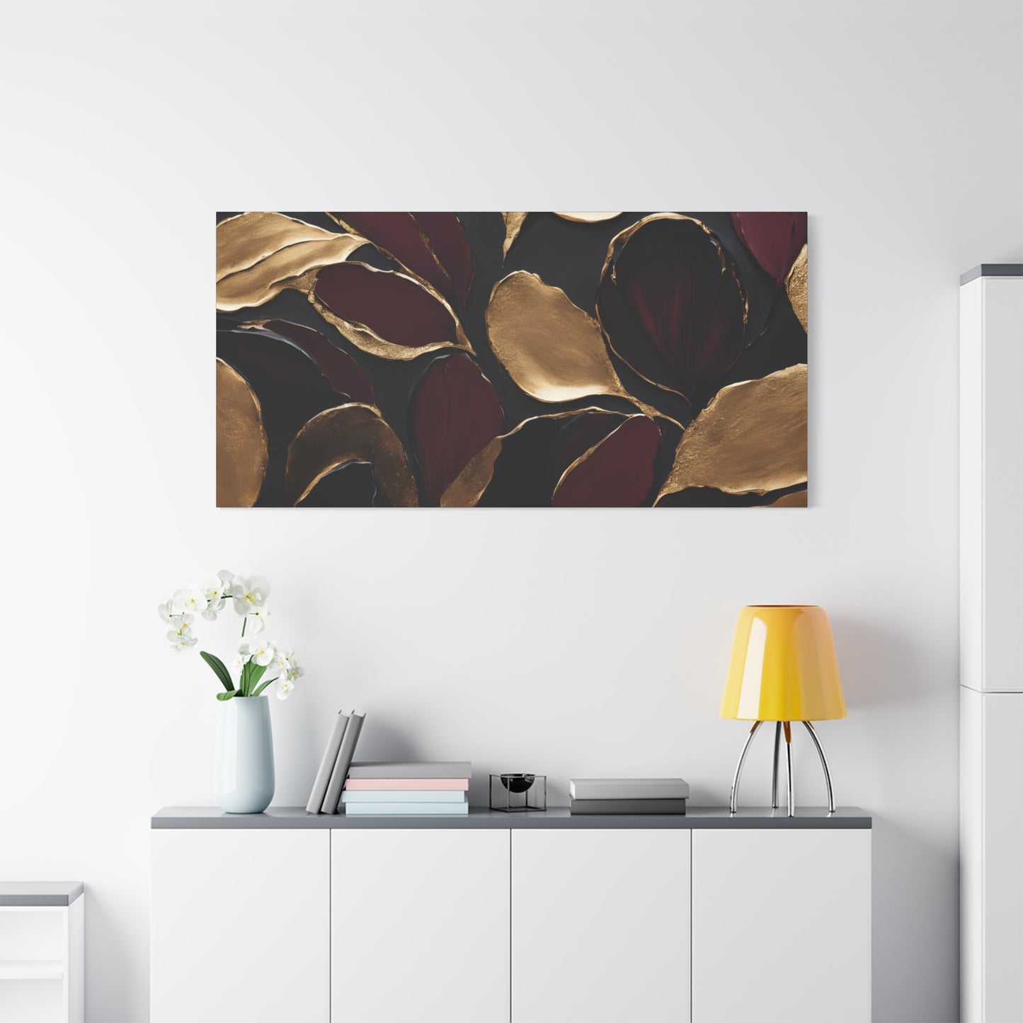 Elegant Abstract Floral Canvas Wall Art – Gold & Burgundy Home Décor