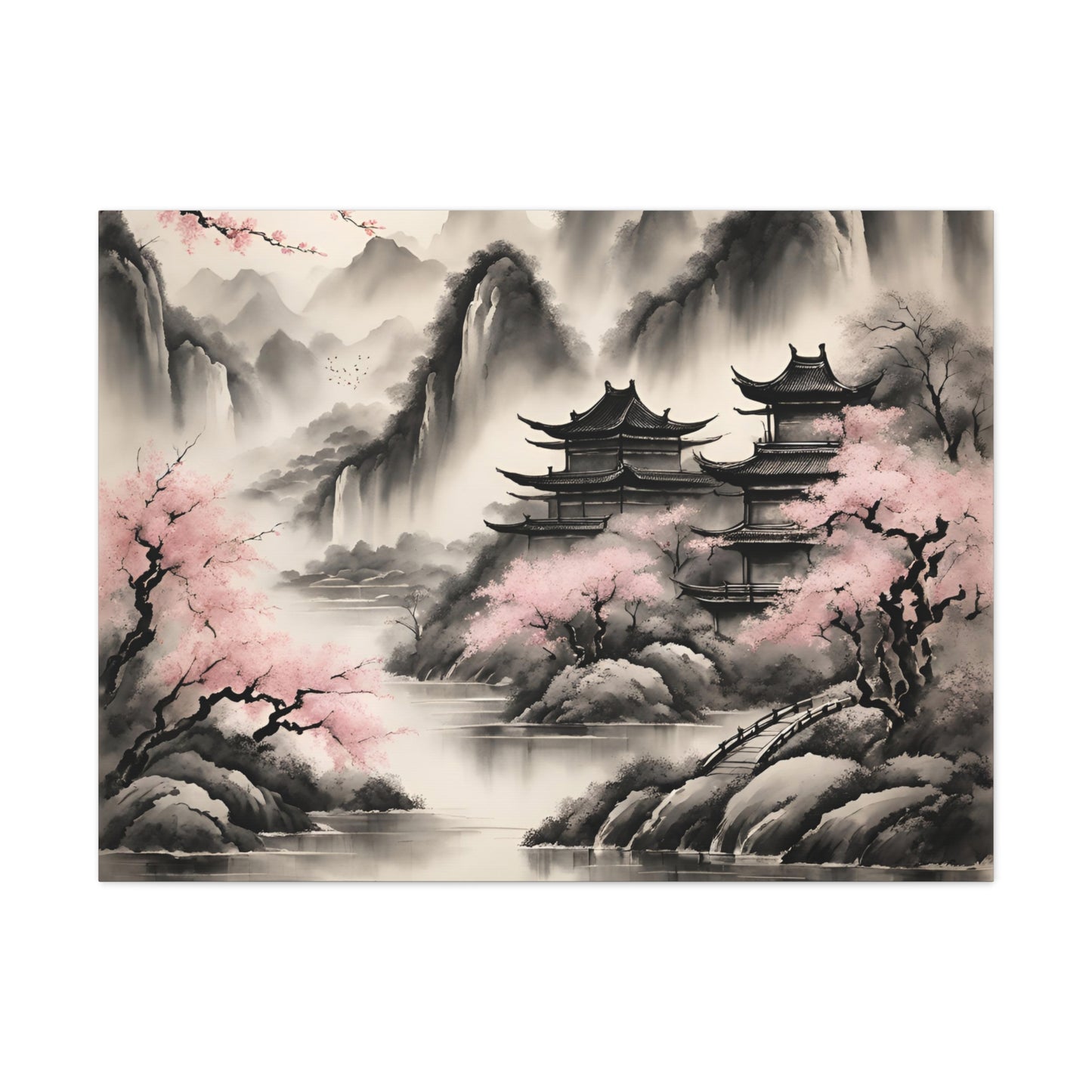 Tranquil Asian Landscape Canvas Gallery Wraps | Serene Wall Art for Peaceful Living Spaces | Chinese Ink Wash Painting