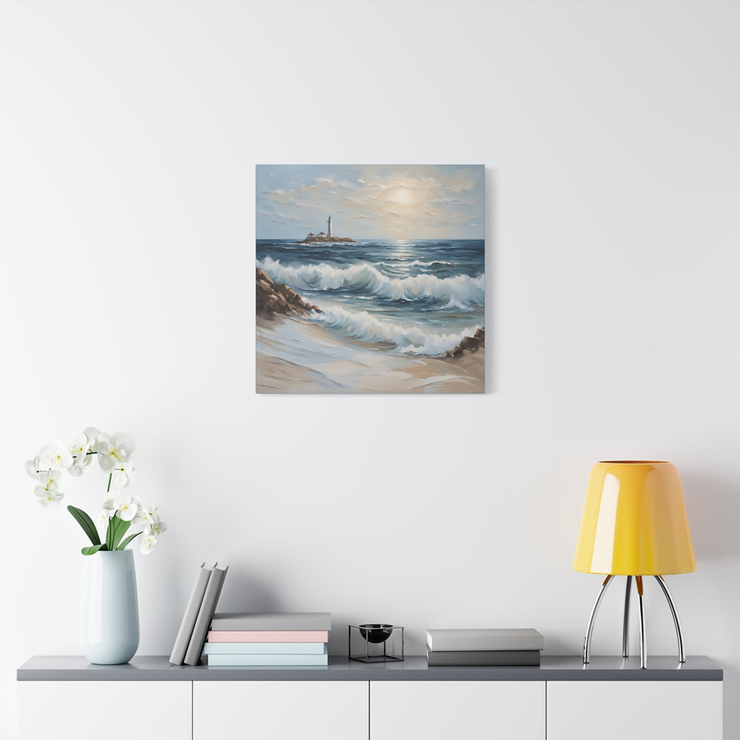 Ocean Waves Lighthouse Canvas Print – Coastal Home Decor for Serene Spaces