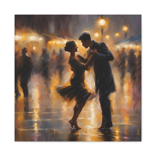 Romantic Couple Dancing in the Rain Canvas Gallery Wraps - Elegant Dance Art for Home Décor