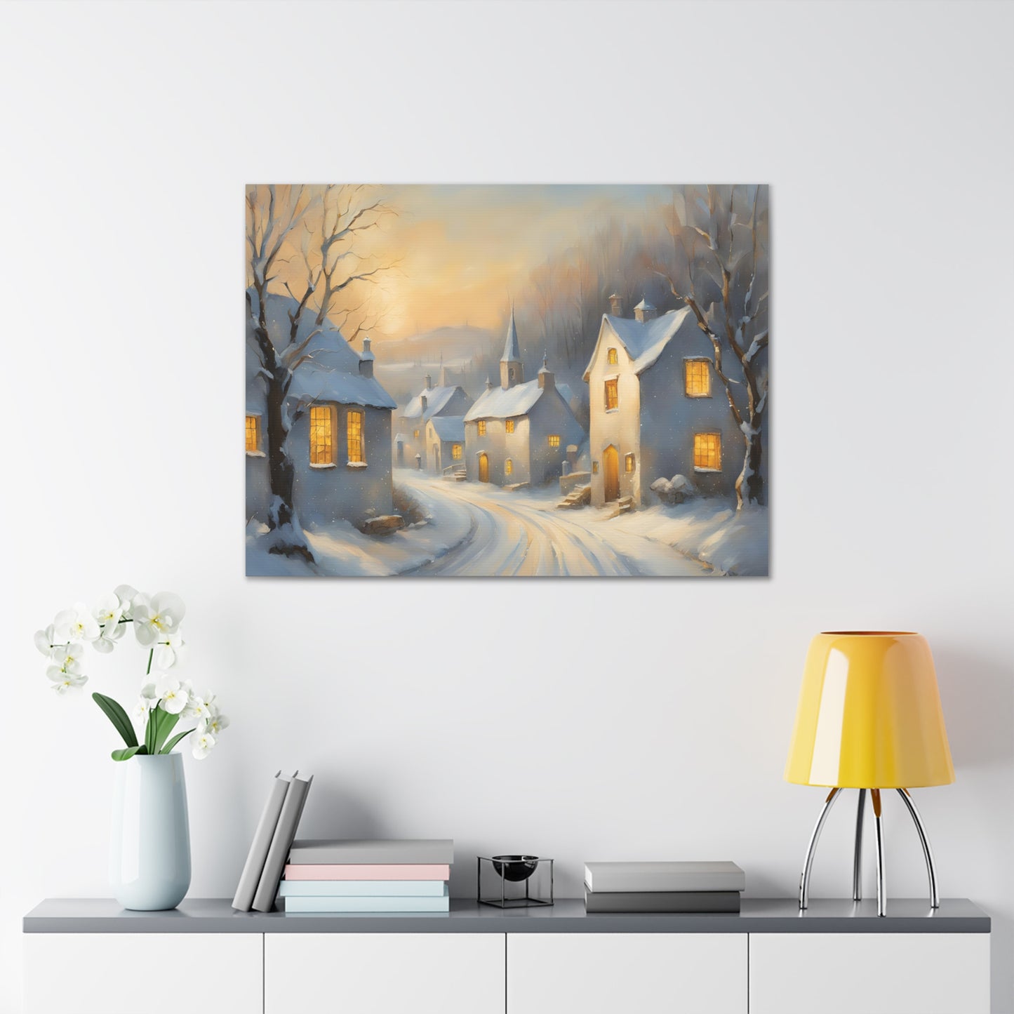 A Snowy Village Scen Canvas Gallery Wrap - Cozy Home Decor for the Holidays