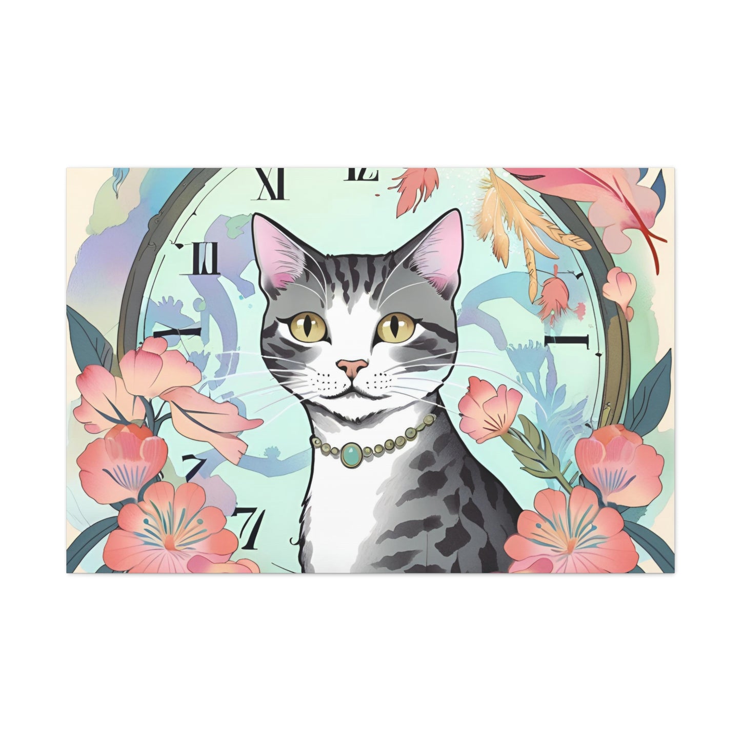 Cat-Themed Canvas Gallery Wraps - Floral Clock Art for Cat Lovers