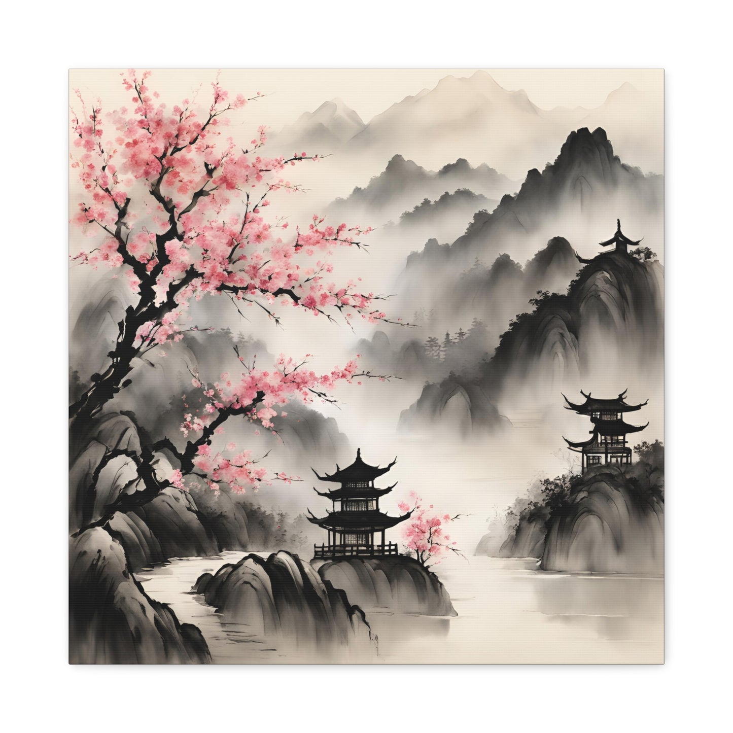 Serene Japanese Landscape Canvas Gallery Wraps - Elegant Home Decor Chinese Ink Wash Painting