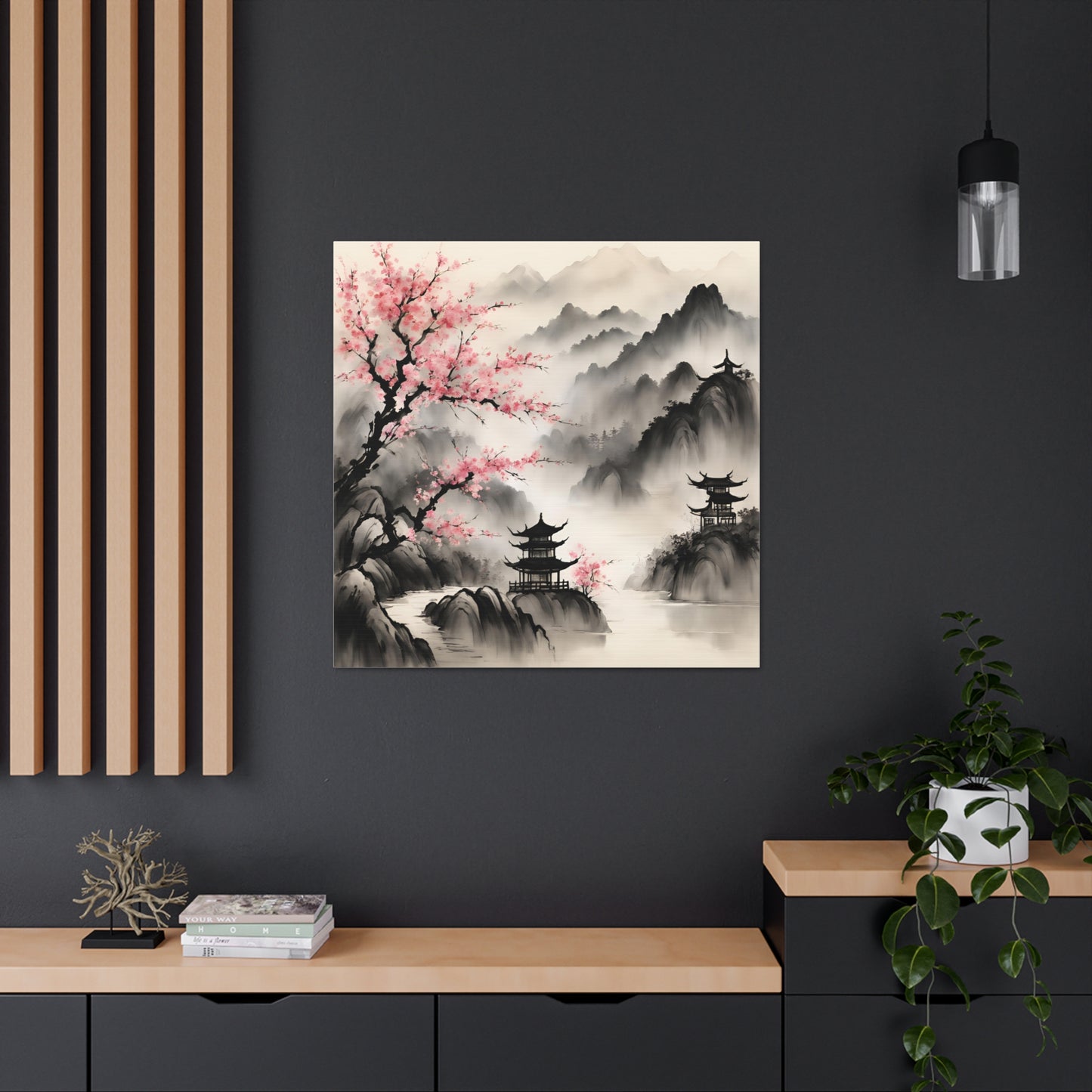 Serene Japanese Landscape Canvas Gallery Wraps - Elegant Home Decor Chinese Ink Wash Painting