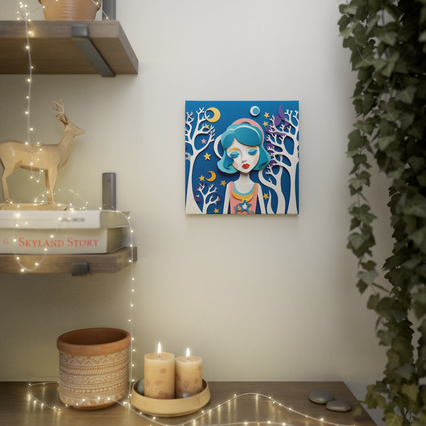 Whimsical Canvas Photo Tile - Dreamy Girl in Moonlit Forest