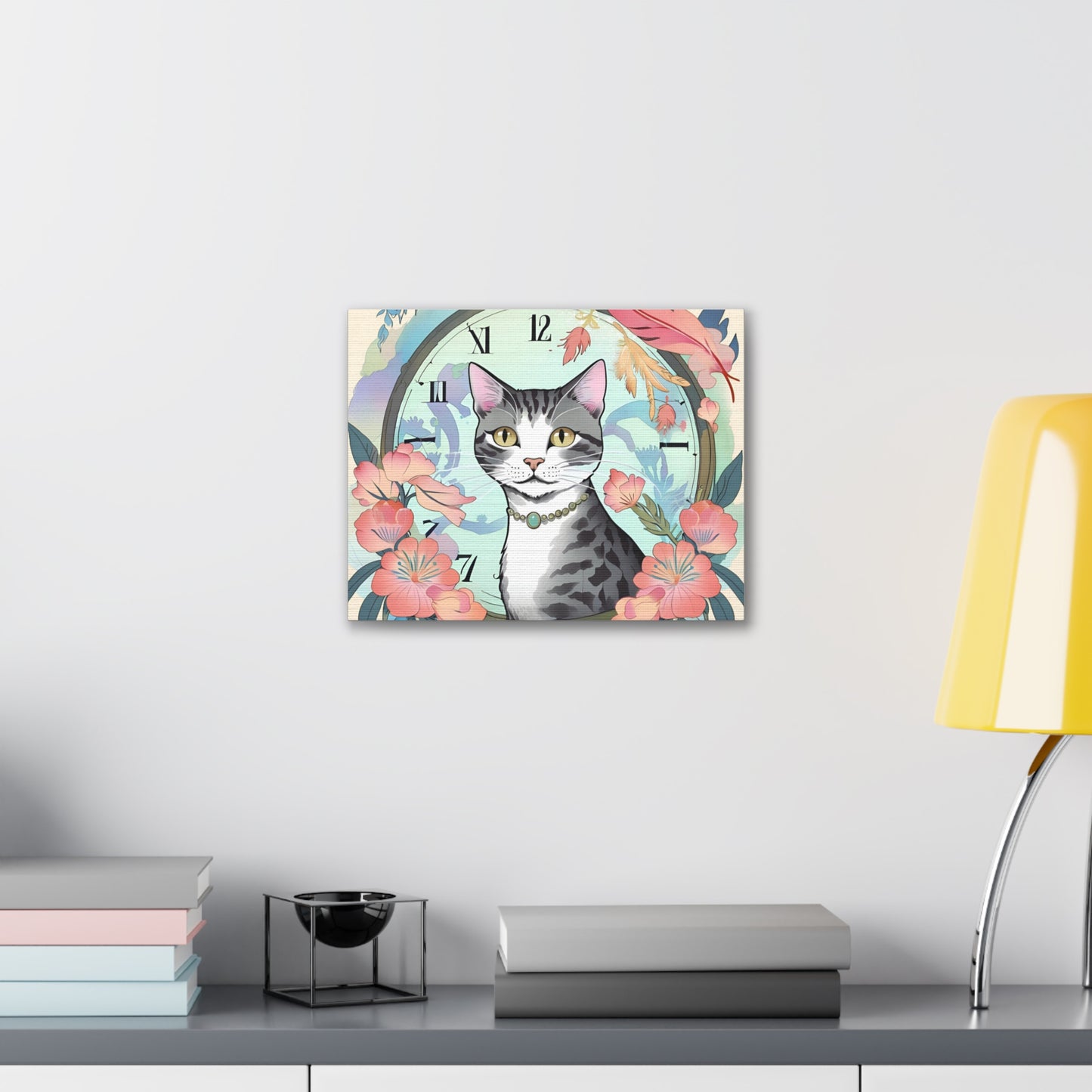 Cat-Themed Canvas Gallery Wraps - Floral Clock Art for Cat Lovers