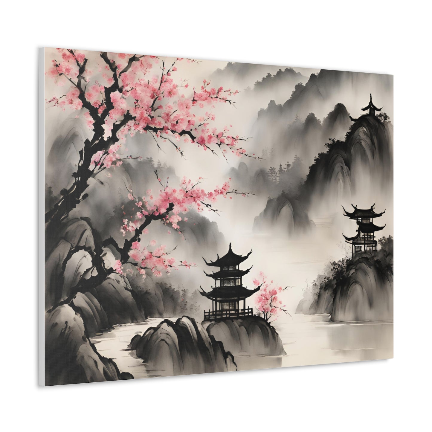 Serene Japanese Landscape Canvas Gallery Wraps - Elegant Home Decor Chinese Ink Wash Painting