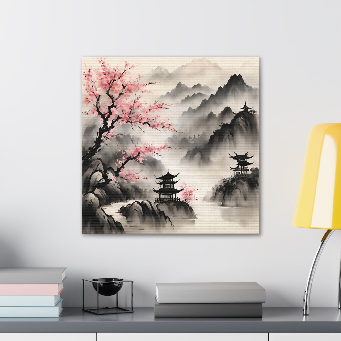 Serene Japanese Landscape Canvas Gallery Wraps - Elegant Home Decor Chinese Ink Wash Painting