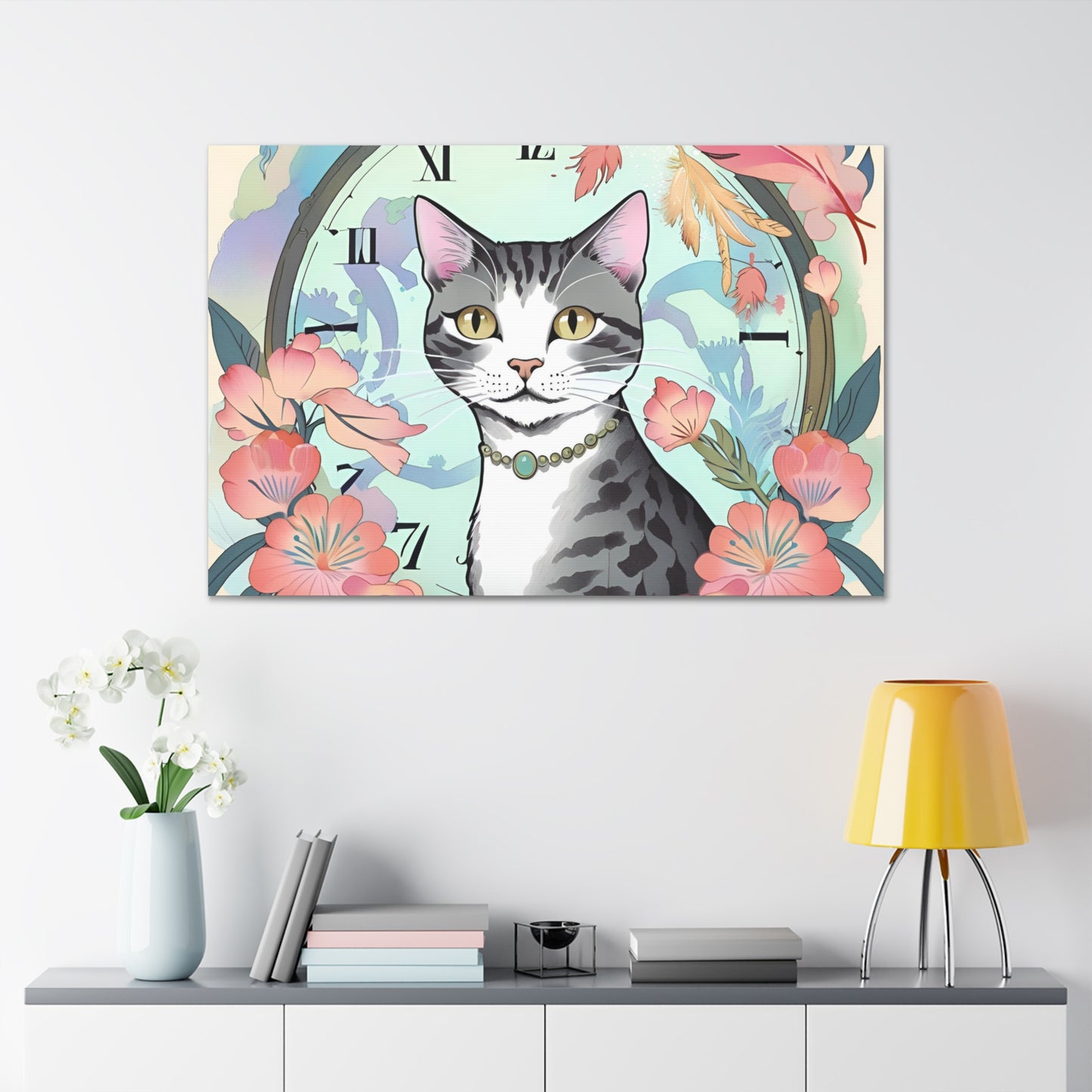 Cat-Themed Canvas Gallery Wraps - Floral Clock Art for Cat Lovers