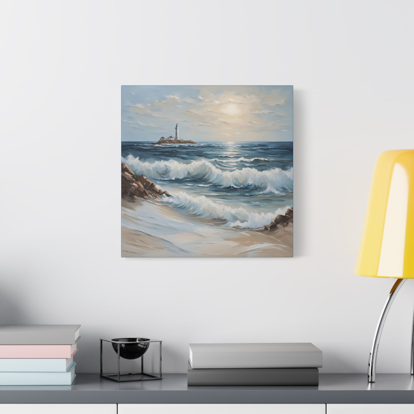 Ocean Waves Lighthouse Canvas Print – Coastal Home Decor for Serene Spaces