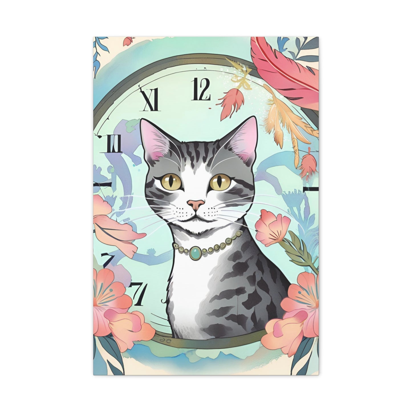 Cat-Themed Canvas Gallery Wraps - Floral Clock Art for Cat Lovers