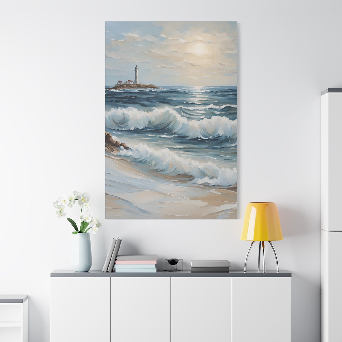 Ocean Waves Lighthouse Canvas Print – Coastal Home Decor for Serene Spaces