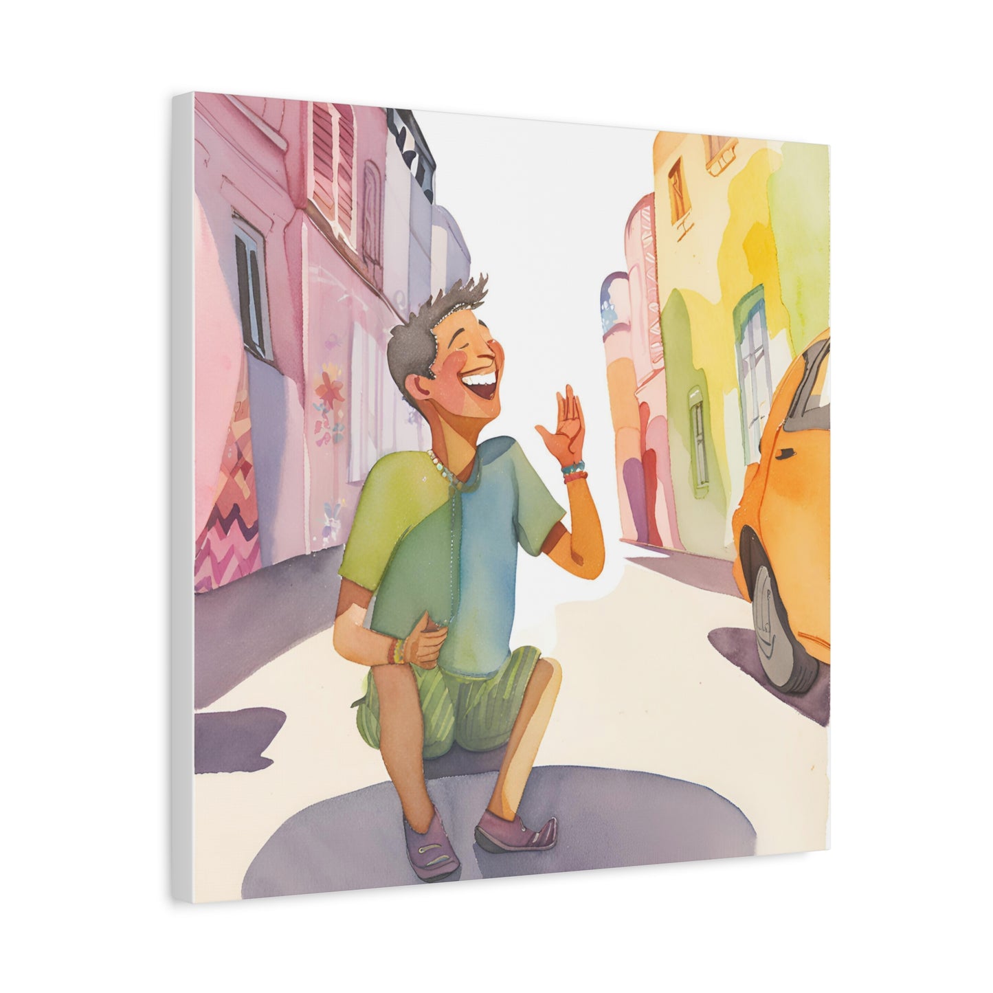 Cheerful Stretched Canvas Art - Vibrant Street Scene