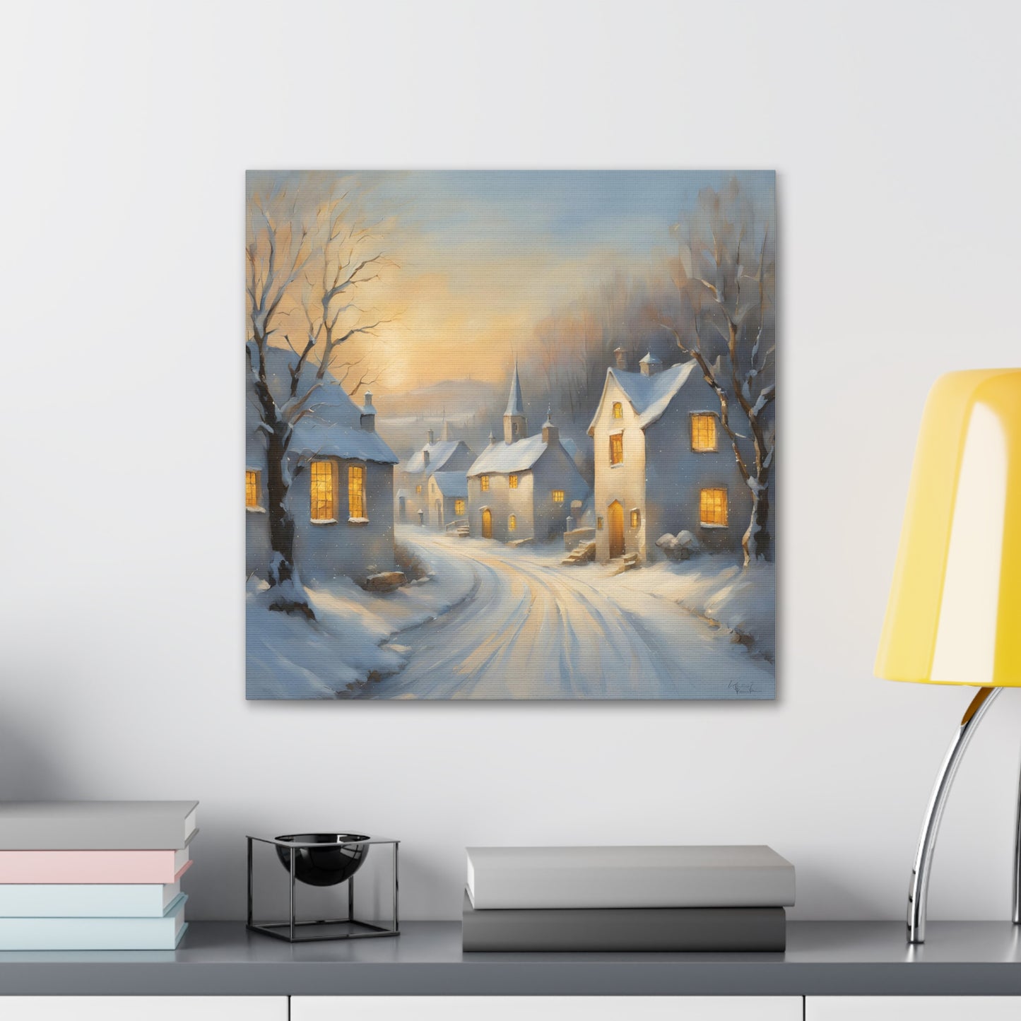 A Snowy Village Scen Canvas Gallery Wrap - Cozy Home Decor for the Holidays