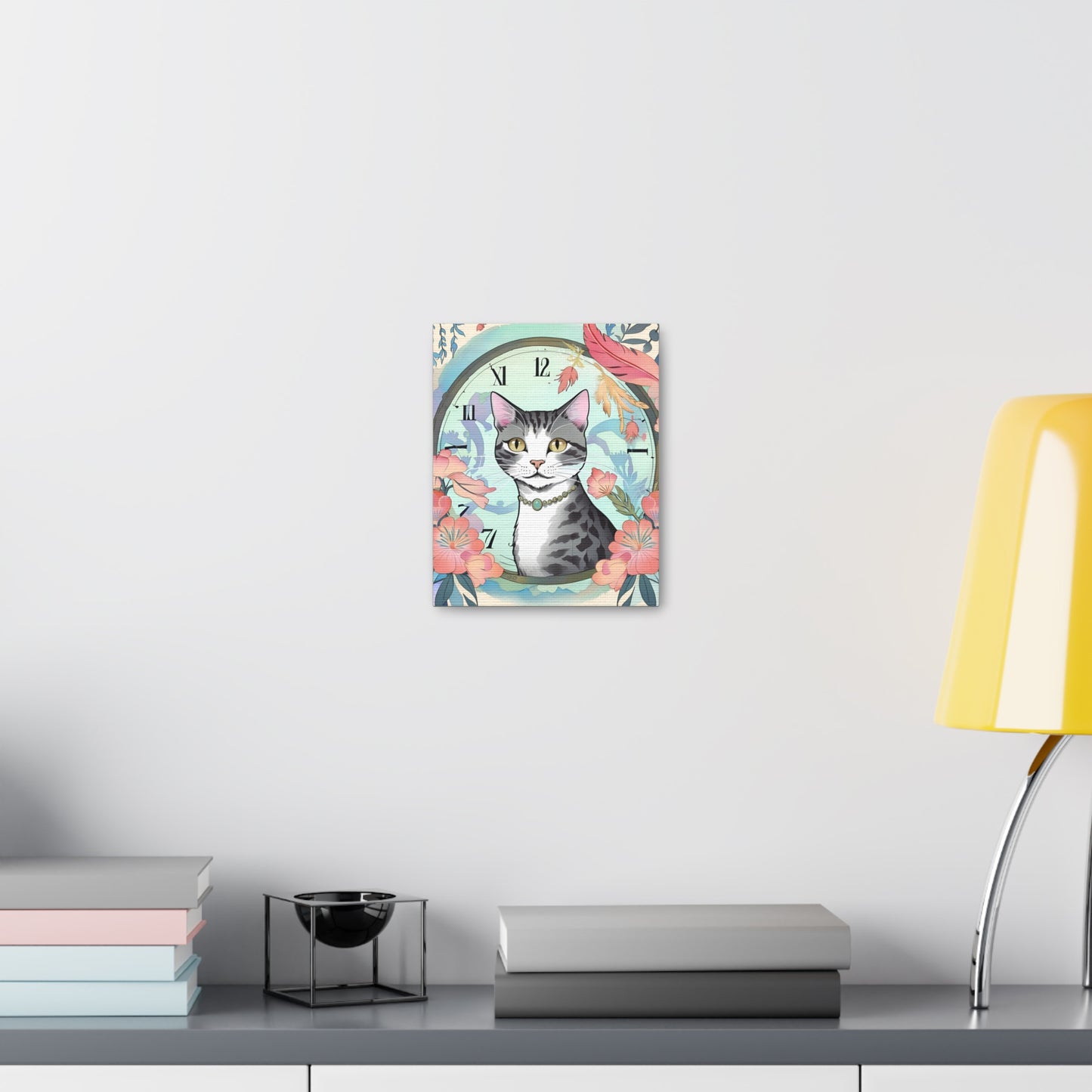 Cat-Themed Canvas Gallery Wraps - Floral Clock Art for Cat Lovers