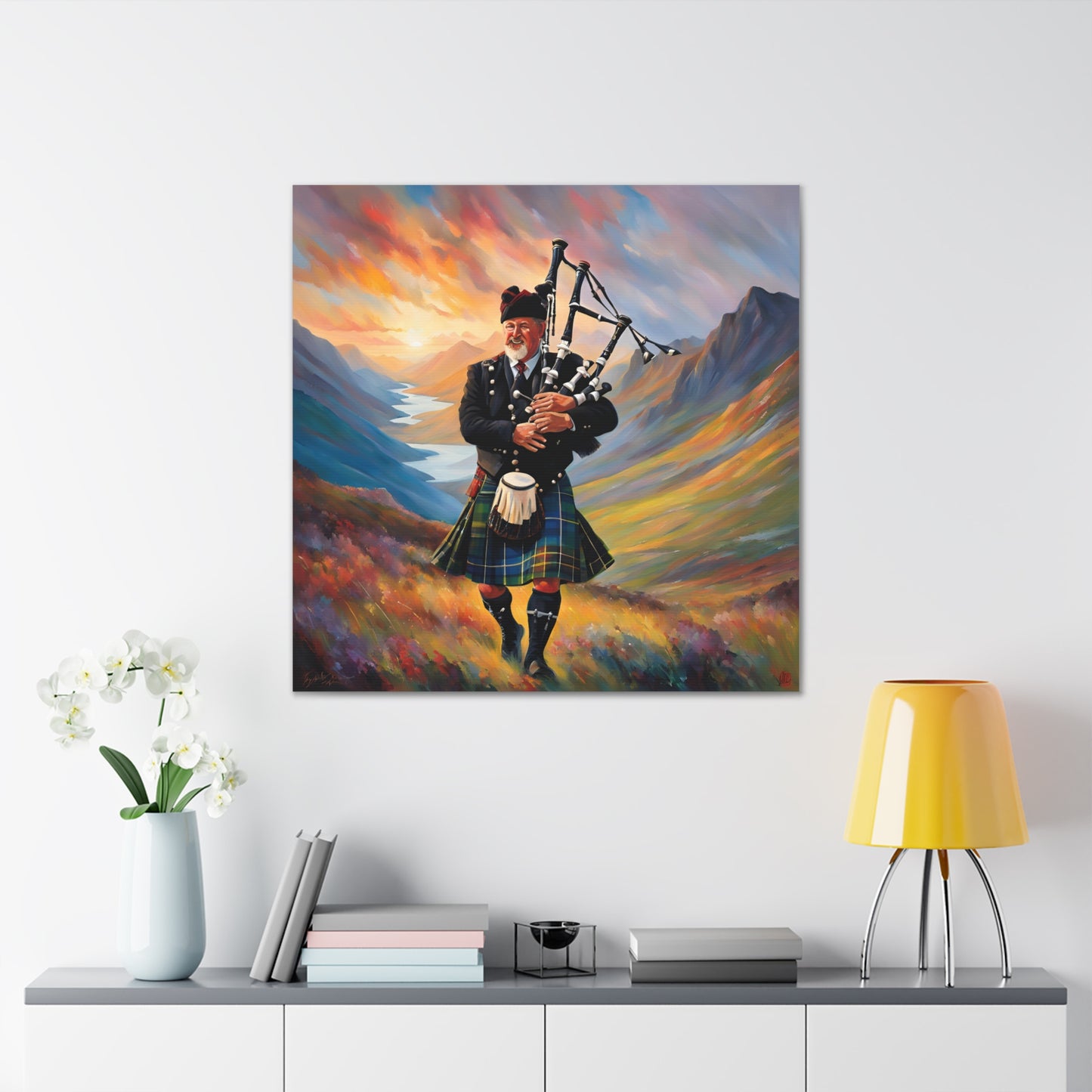 Canvas Gallery Wrap - Scottish Highlander Bagpiper Art for Home Decor