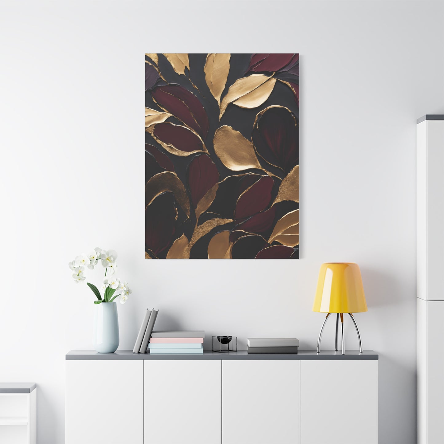 Elegant Abstract Floral Canvas Wall Art – Gold & Burgundy Home Décor