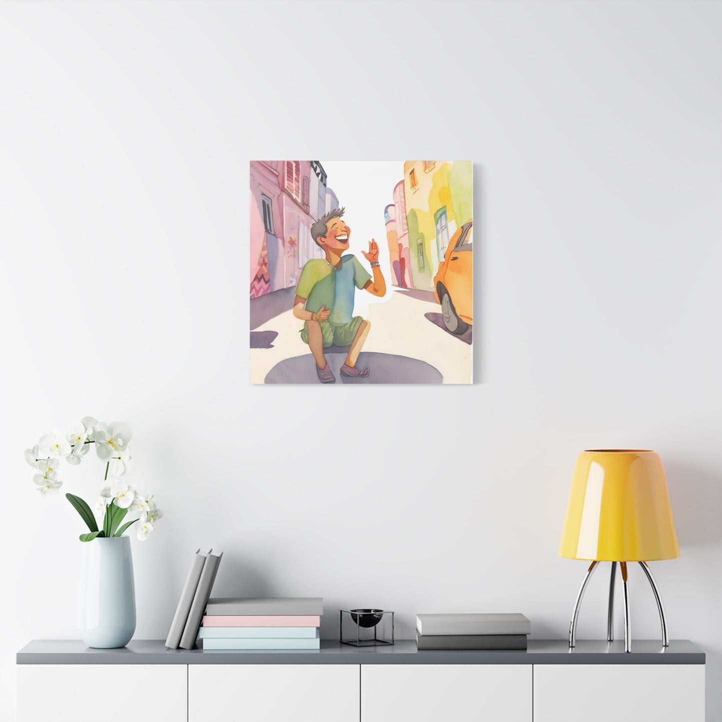 Cheerful Stretched Canvas Art - Vibrant Street Scene