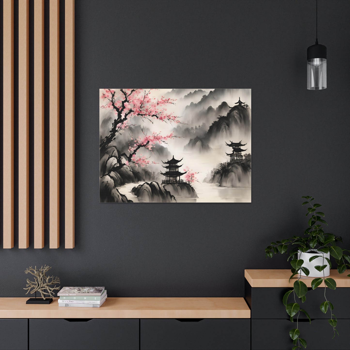 Serene Japanese Landscape Canvas Gallery Wraps - Elegant Home Decor Chinese Ink Wash Painting