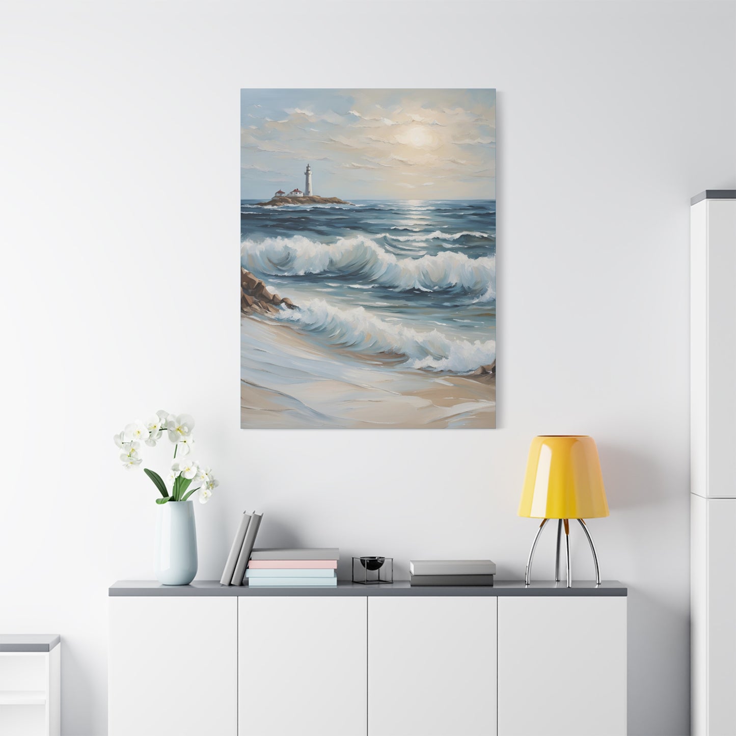 Ocean Waves Lighthouse Canvas Print – Coastal Home Decor for Serene Spaces