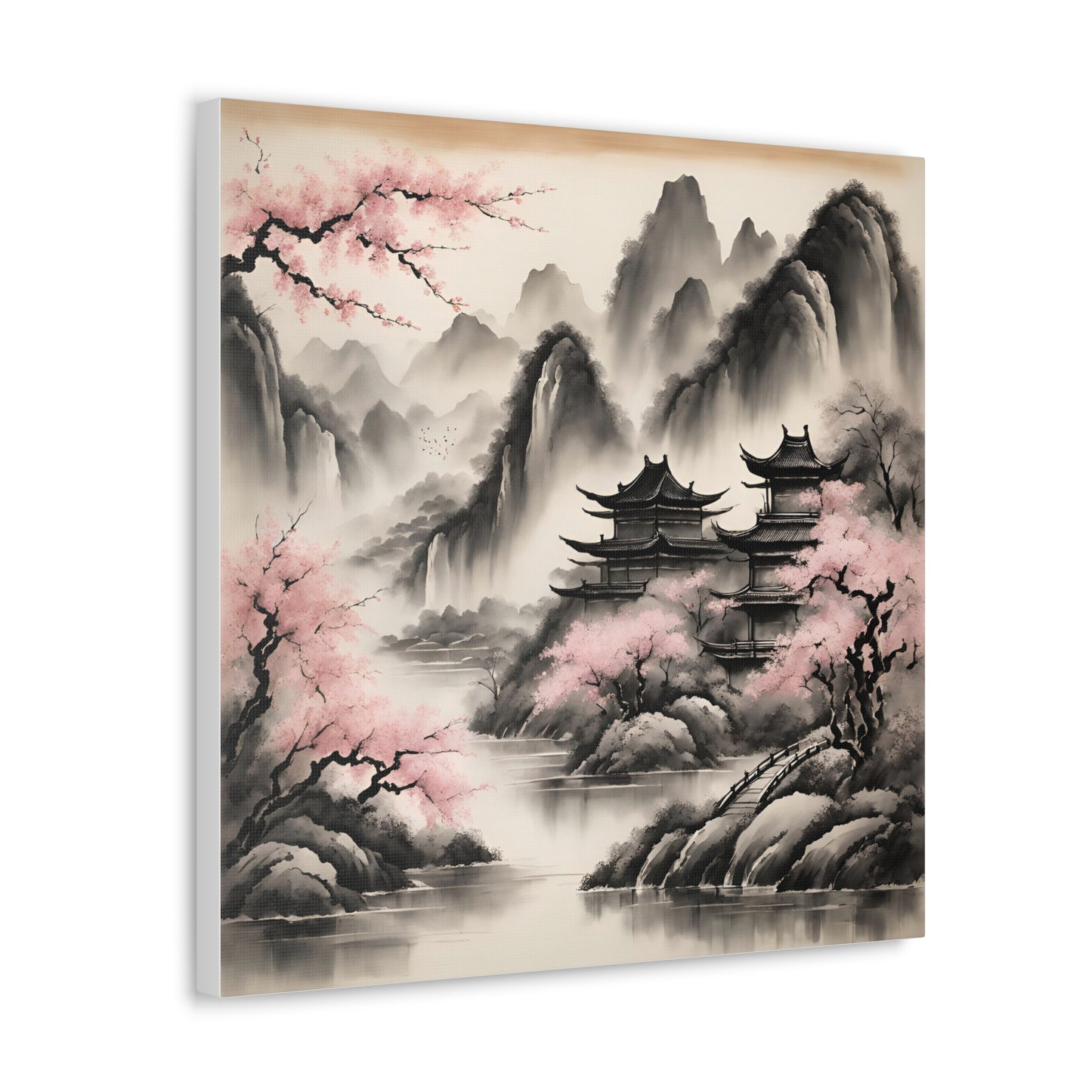 Tranquil Asian Landscape Canvas Gallery Wraps | Serene Wall Art for Peaceful Living Spaces | Chinese Ink Wash Painting