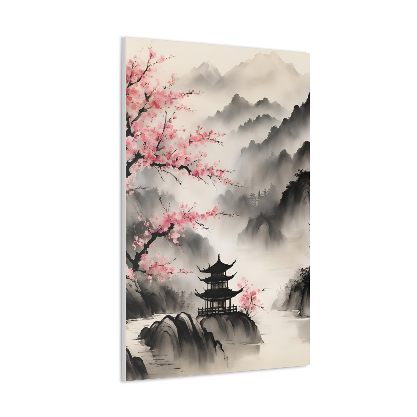 Serene Japanese Landscape Canvas Gallery Wraps - Elegant Home Decor Chinese Ink Wash Painting