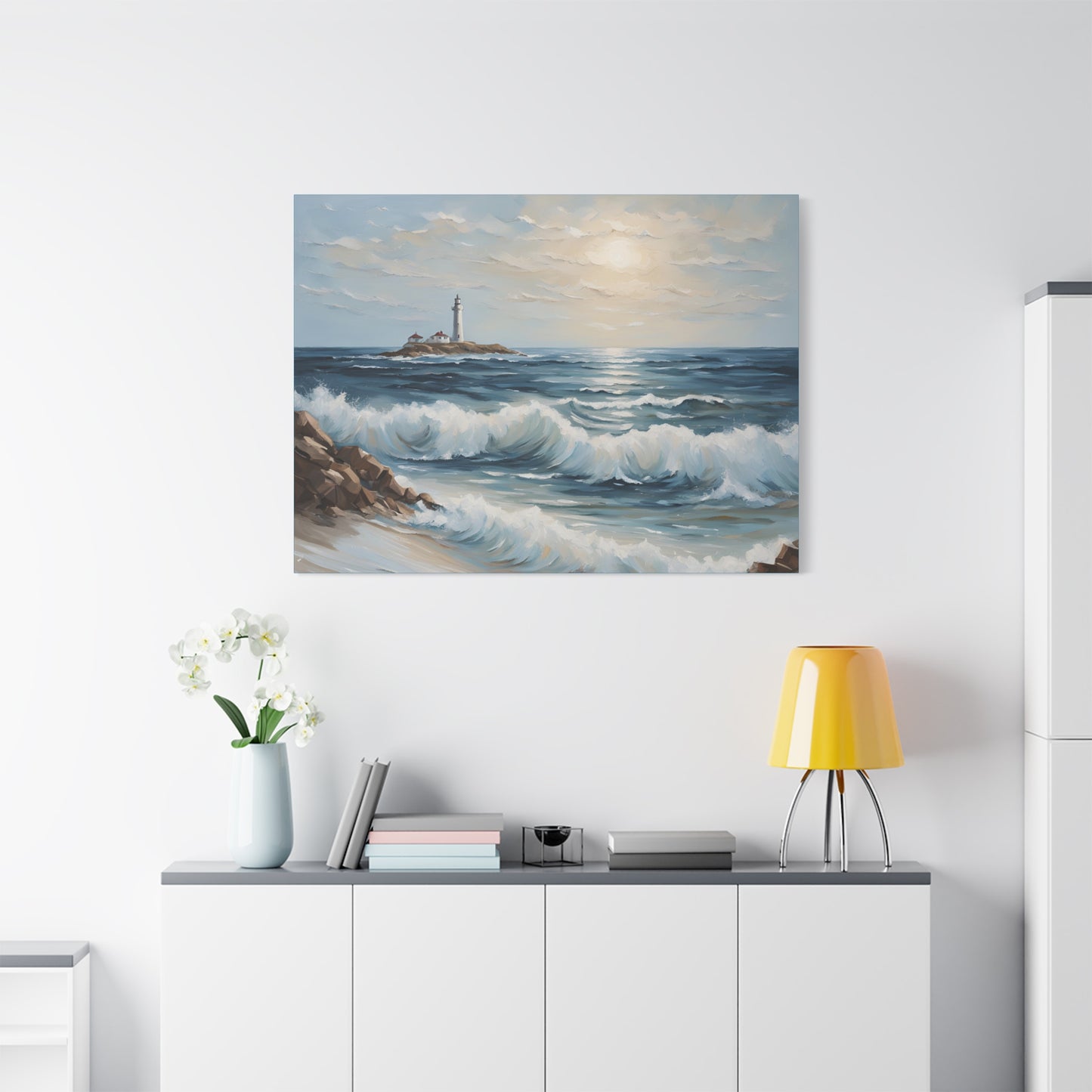 Ocean Waves Lighthouse Canvas Print – Coastal Home Decor for Serene Spaces