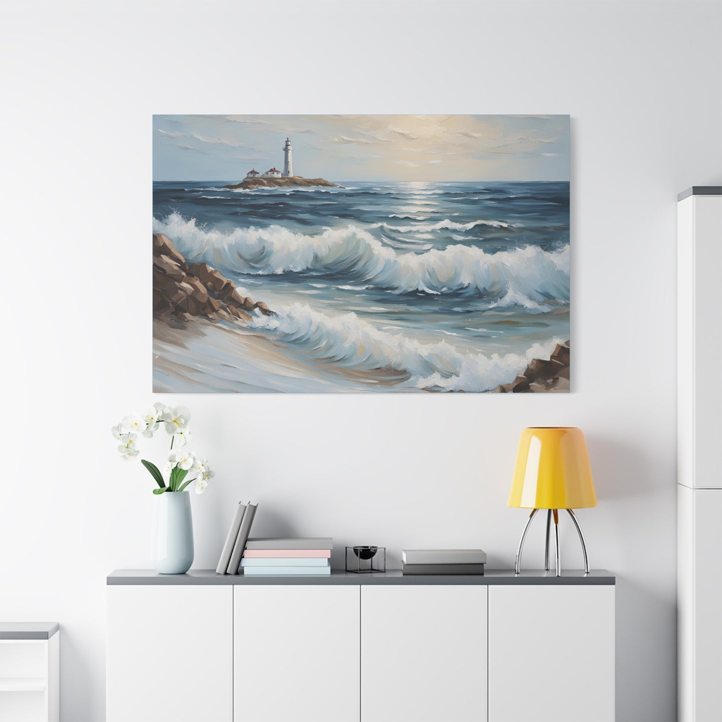 Ocean Waves Lighthouse Canvas Print – Coastal Home Decor for Serene Spaces