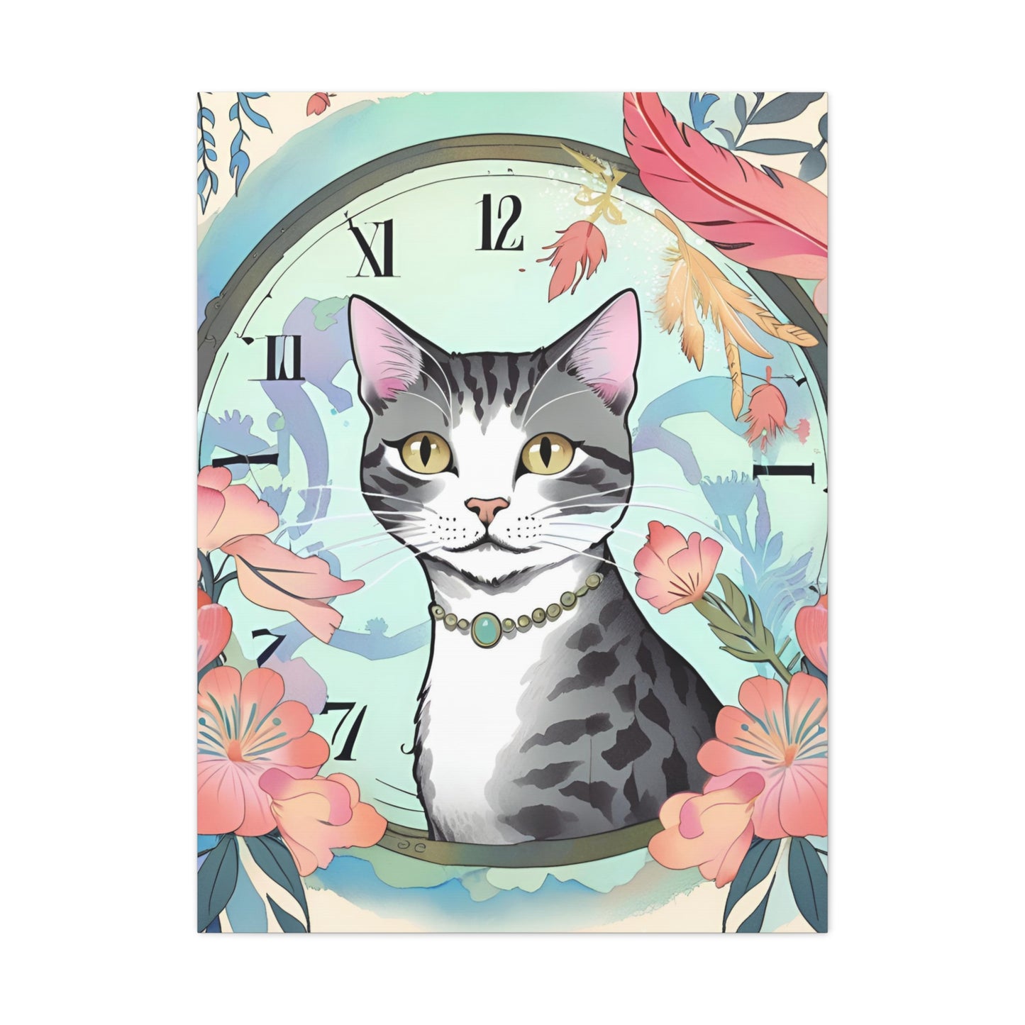 Cat-Themed Canvas Gallery Wraps - Floral Clock Art for Cat Lovers