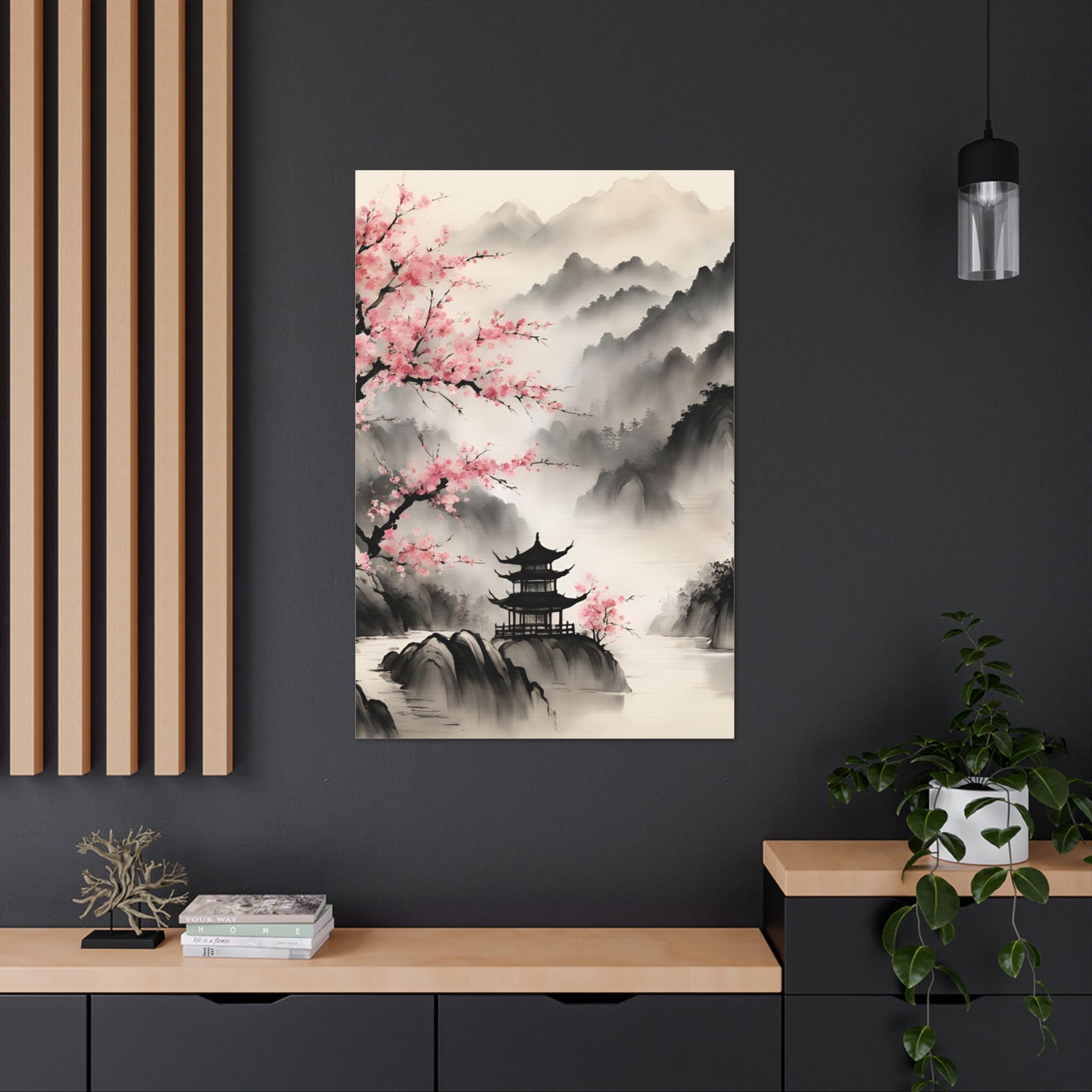 Serene Japanese Landscape Canvas Gallery Wraps - Elegant Home Decor Chinese Ink Wash Painting