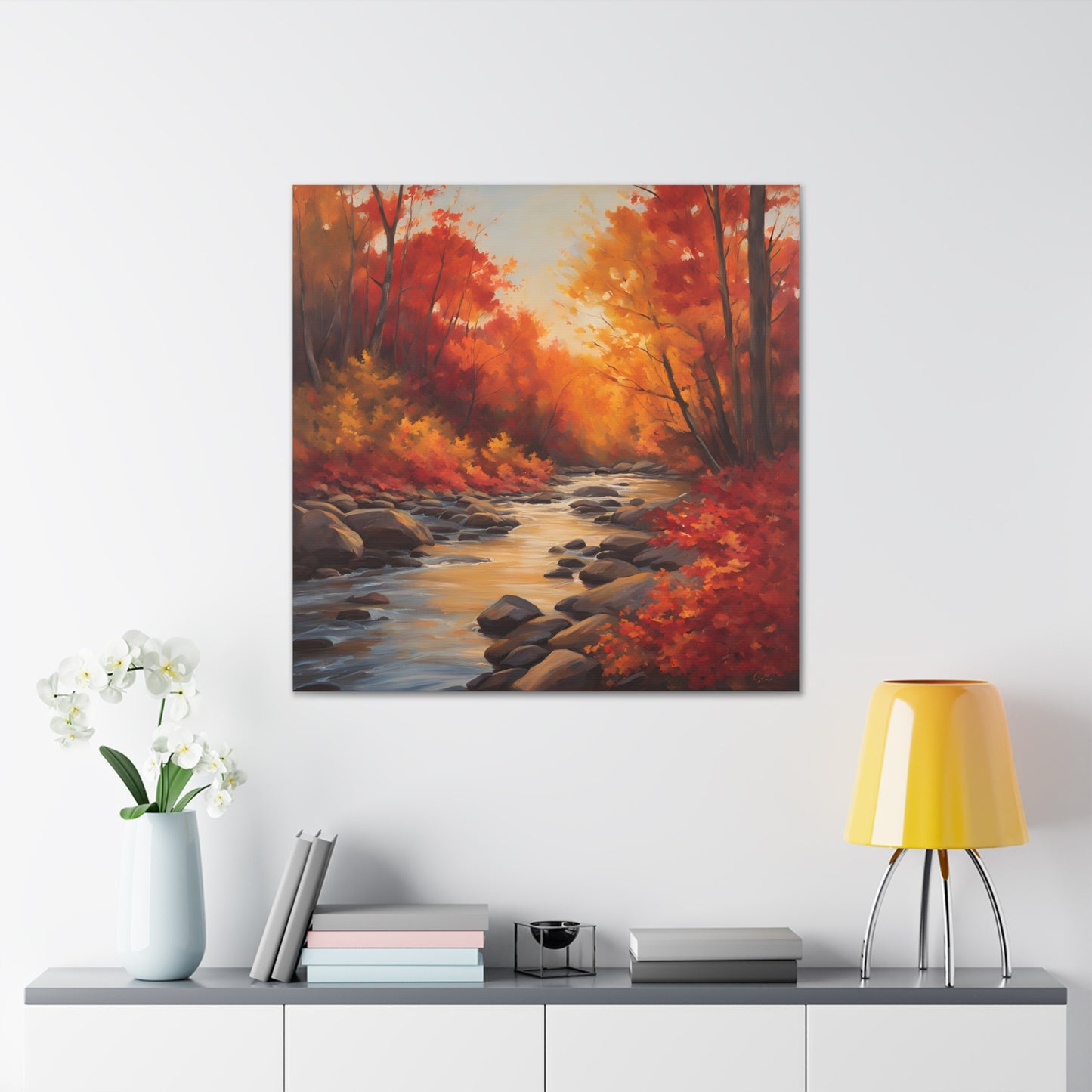 Autumn Leaves on a River Canvas Gallery Wrap - Scenic Wall Art for Home Decor