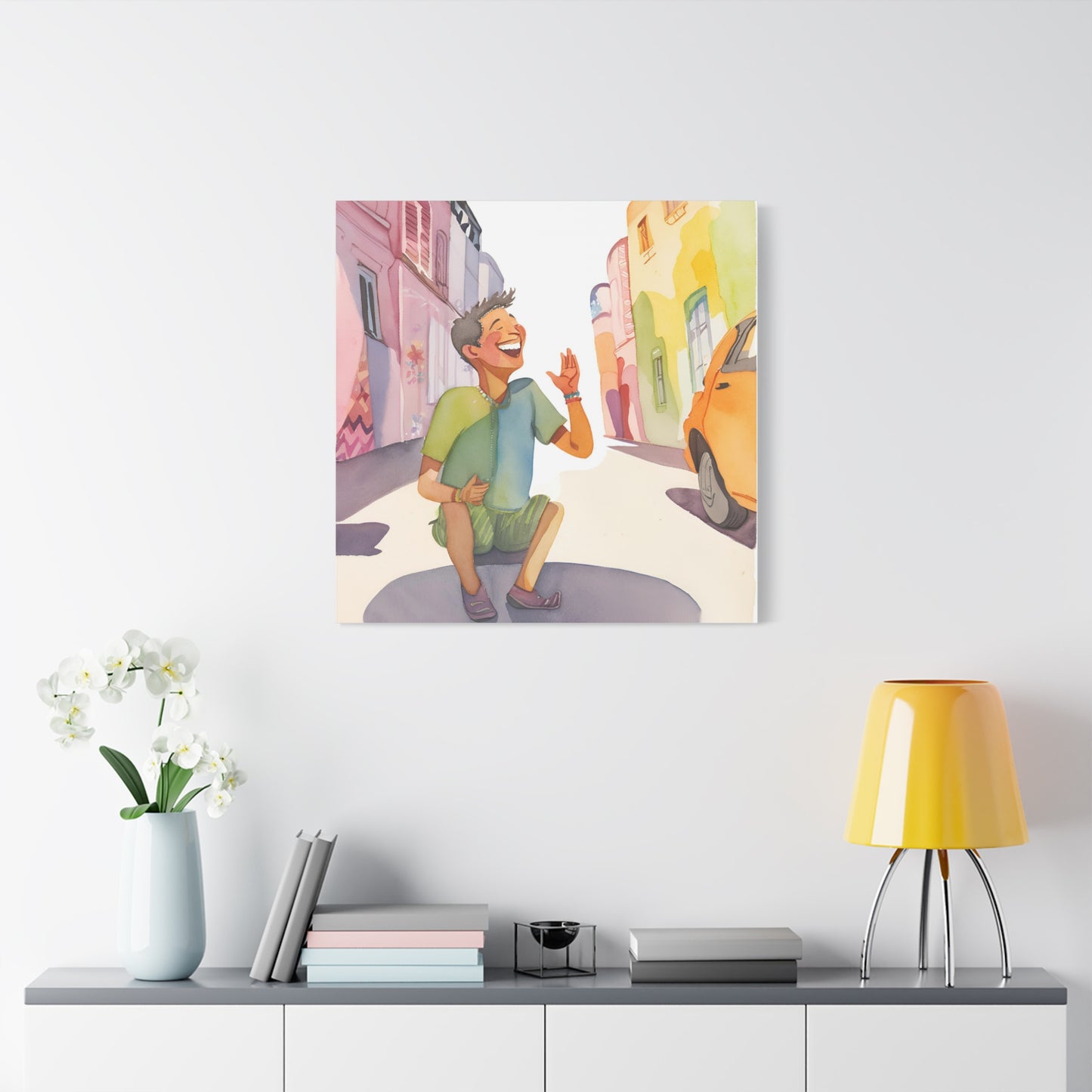 Cheerful Stretched Canvas Art - Vibrant Street Scene