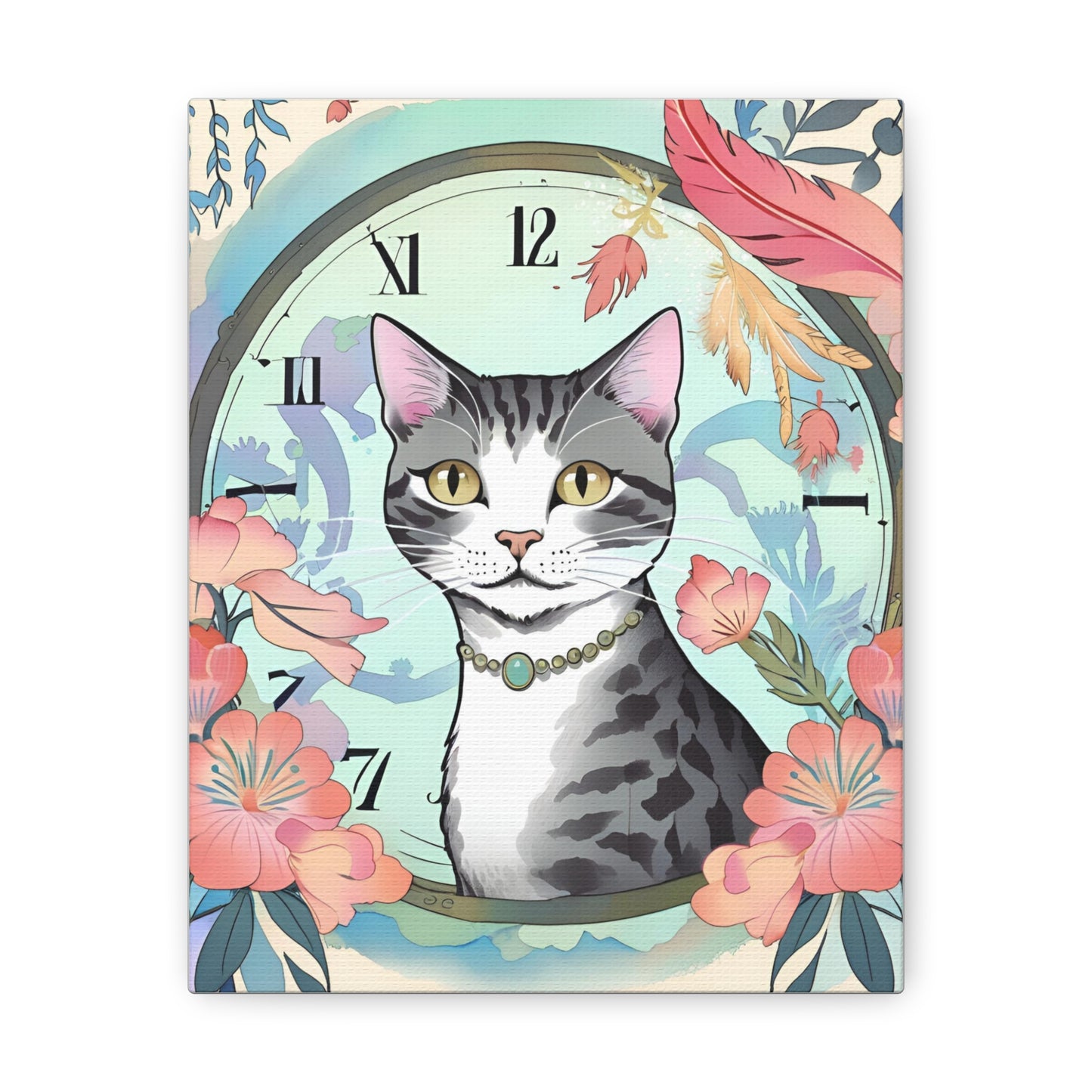 Cat-Themed Canvas Gallery Wraps - Floral Clock Art for Cat Lovers