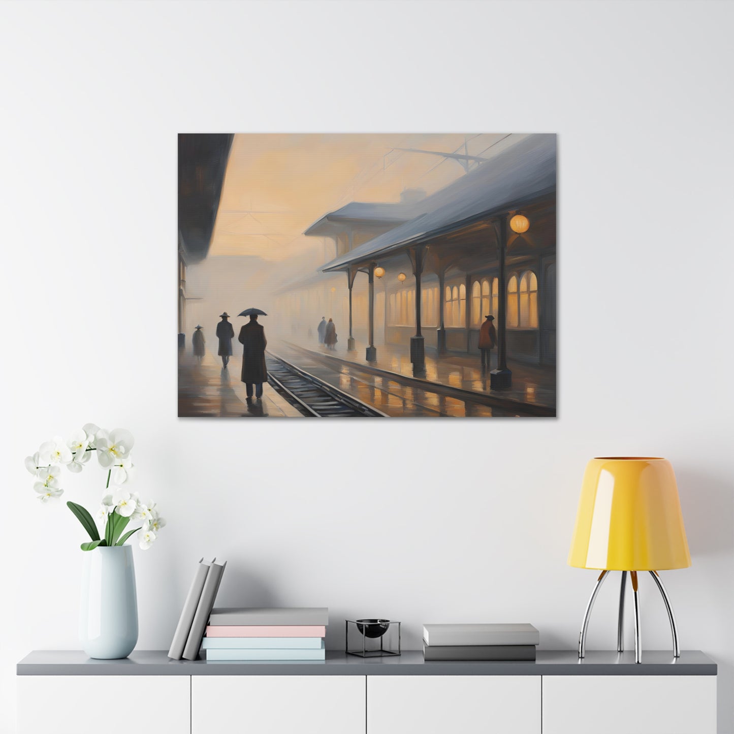 Serene Canvas Gallery Wrap - A Train Station at Dawn