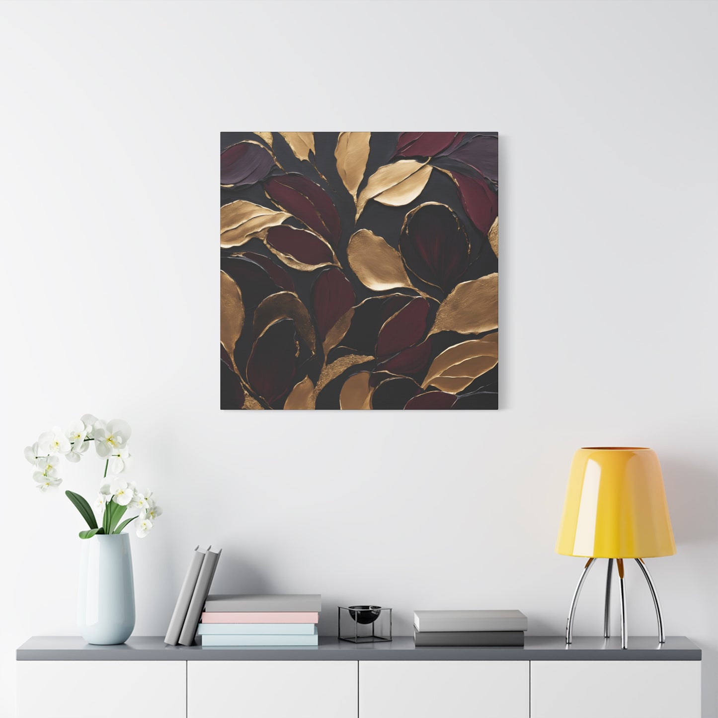 Elegant Abstract Floral Canvas Wall Art – Gold & Burgundy Home Décor